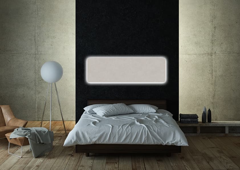 Modernes Schlafzimmer mit minimalistischer Einrichtung, schwarzer Wand mit beleuchteter Nische über dem Bett, Betonwänden
