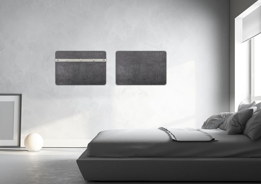 Modernes Schlafzimmer mit zwei grauen Wandheizelementen über dem Bett, minimalistisches Design mit heller Beleuchtung