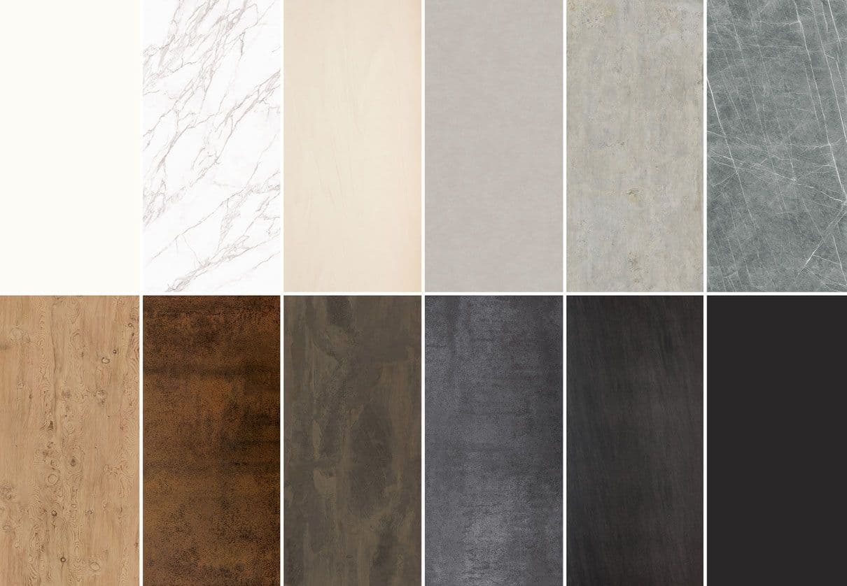 Farbmuster und Oberflächenstrukturen von Neolith-Materialien in Weiß, Beige, Grau, Naturstein und Holzoptik sowie dunklen