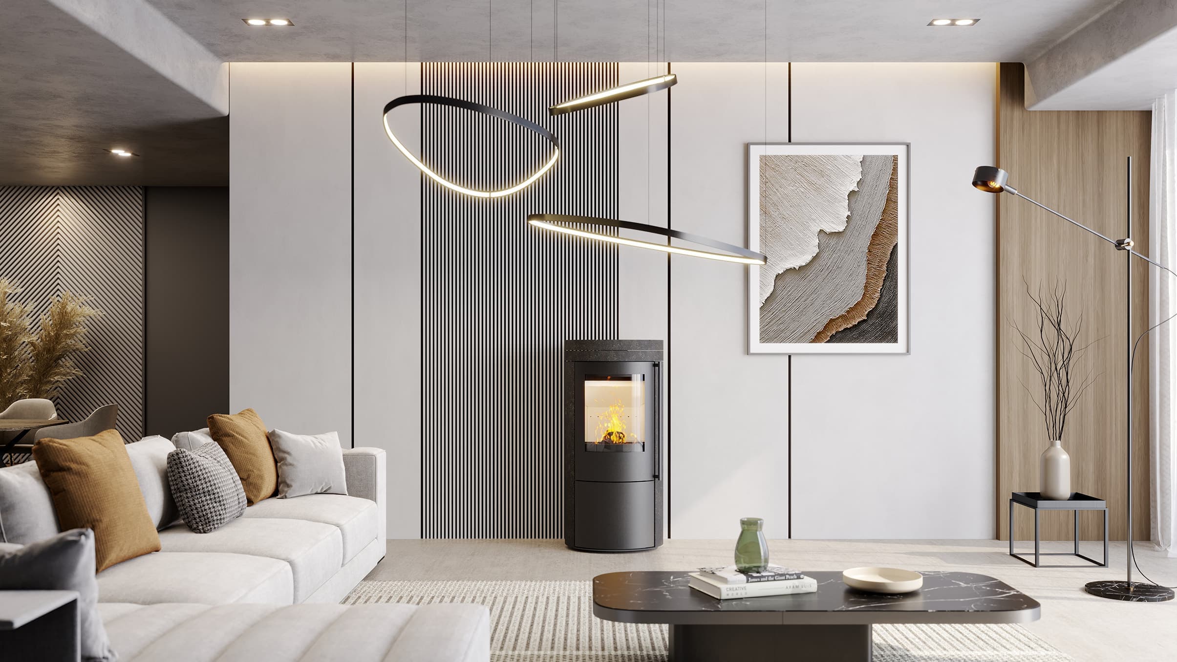 Modernes Wohnzimmer mit eleganter Beleuchtung und Kamin.