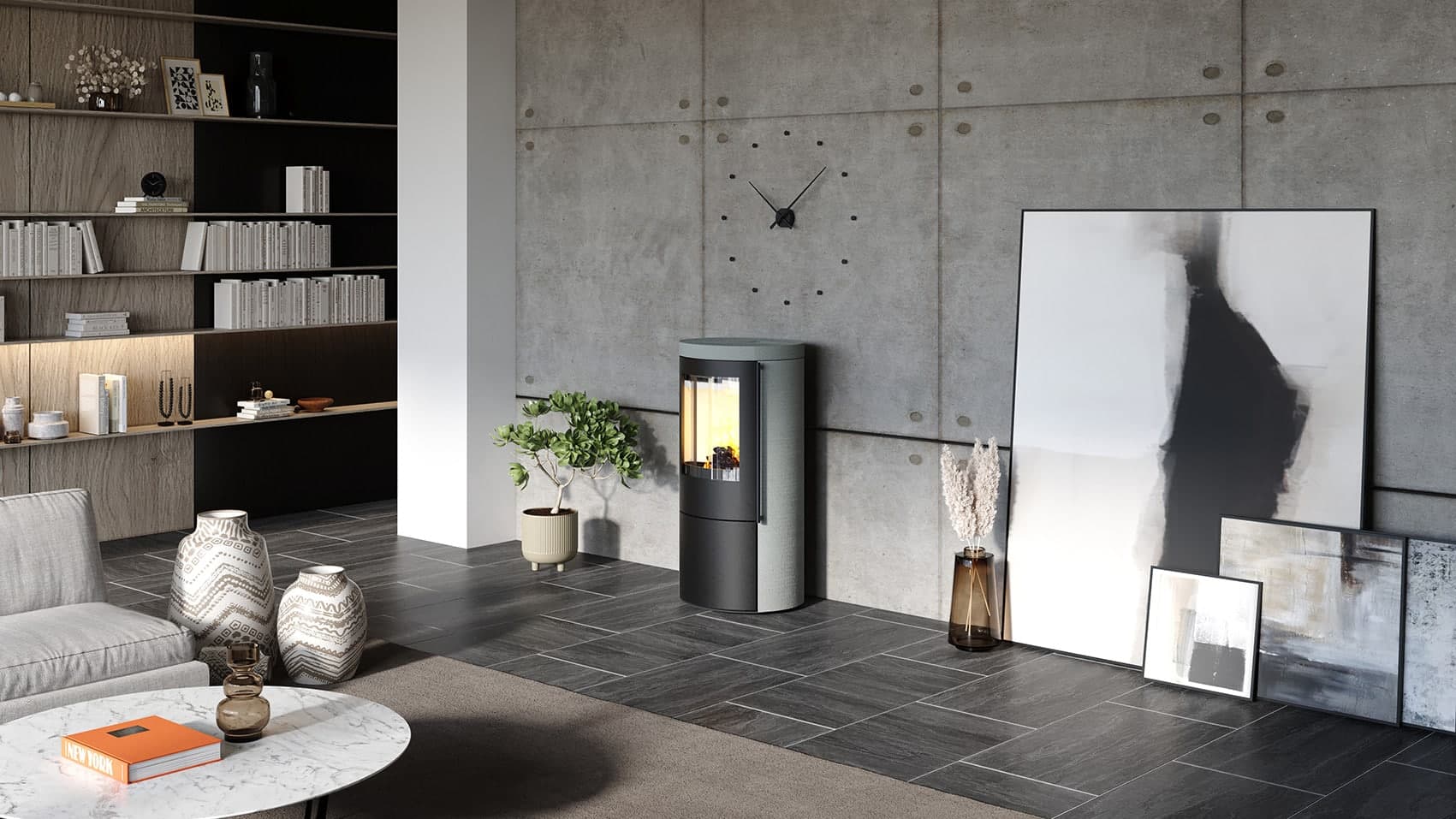 Modernes Wohnzimmer mit Kamin und Wanduhr.