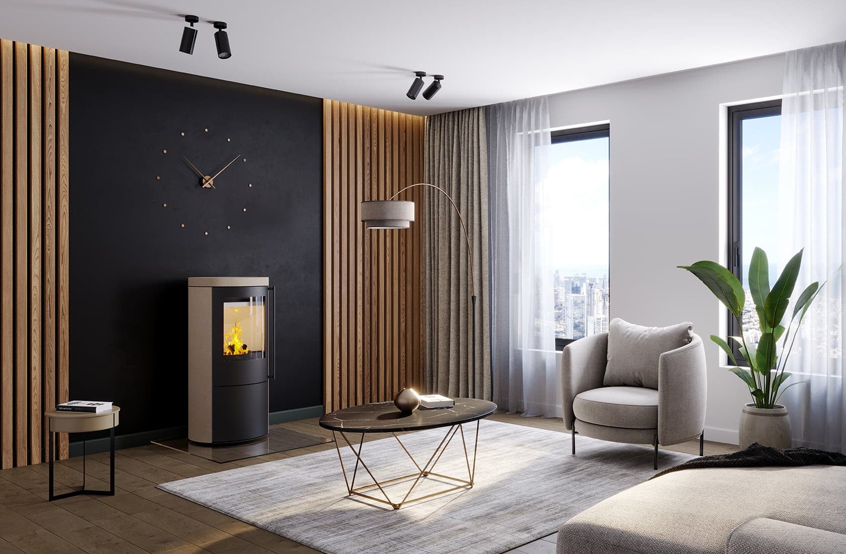 Modernes Wohnzimmer mit Kamin und Stadtblick.