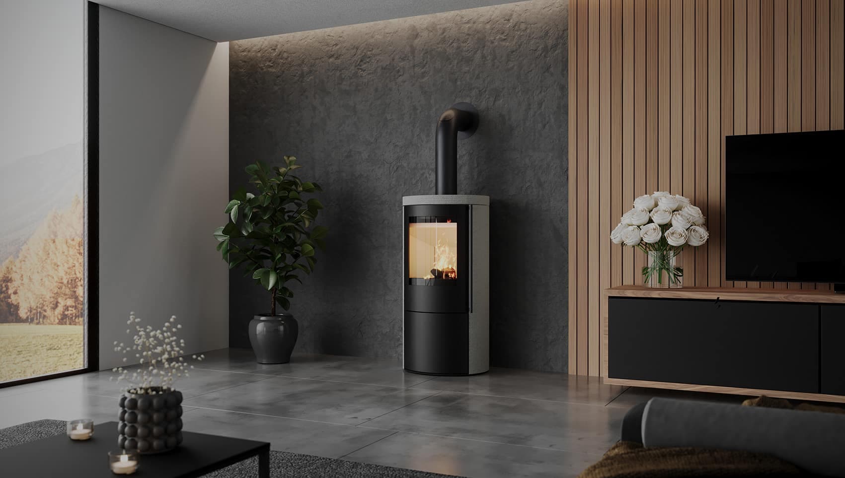 Modernes Wohnzimmer mit Kaminofen und Pflanzen.