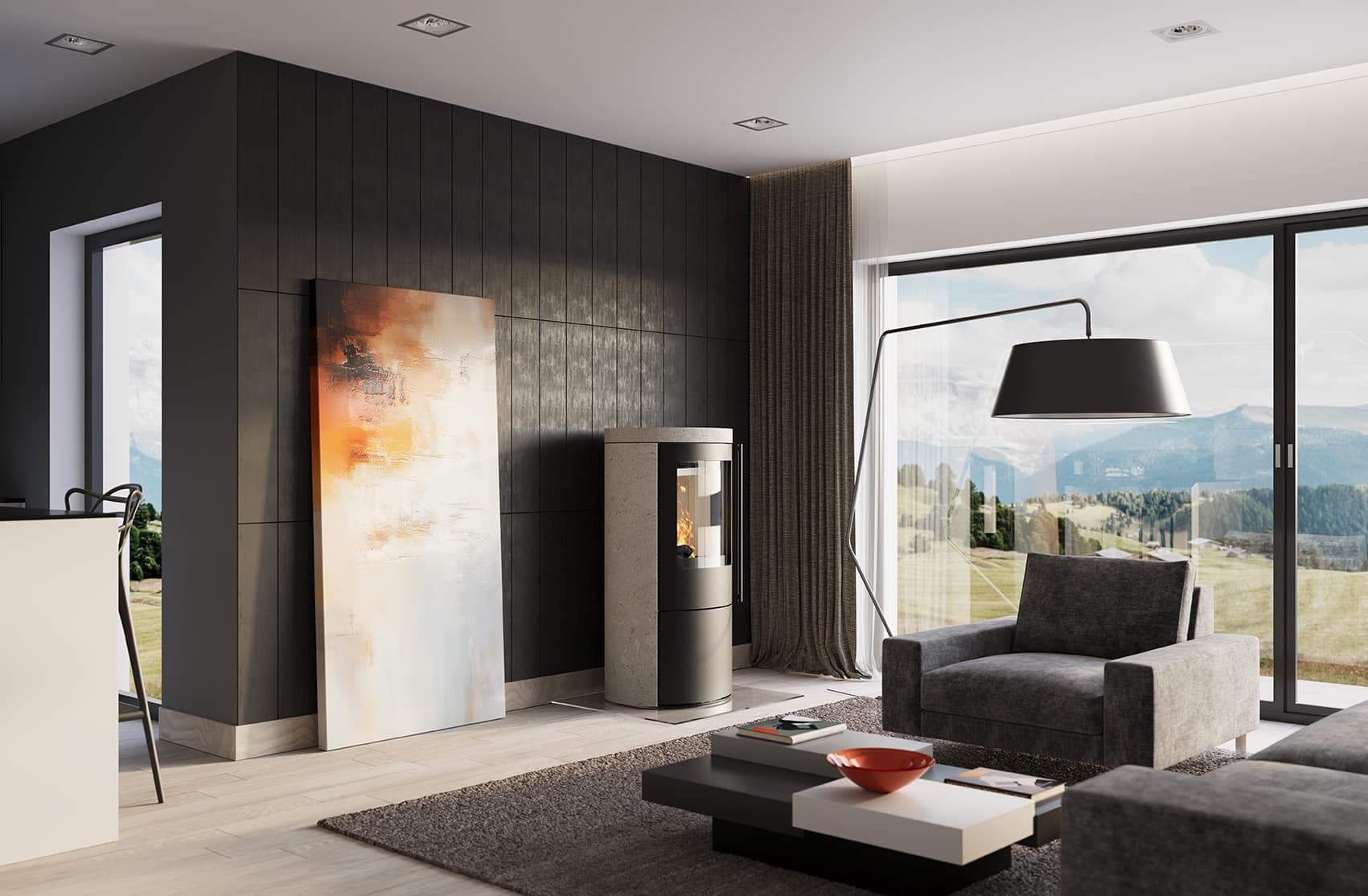 Moderne Wohnzimmer-Einrichtung mit Bergblick.