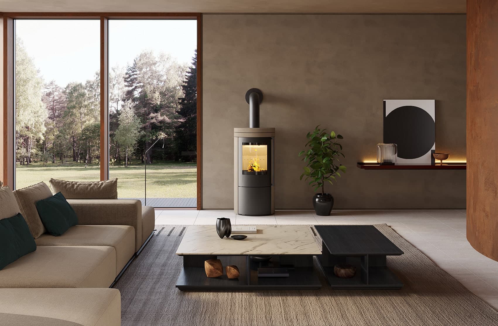 Modernes Wohnzimmer mit Kamin und Aussicht
