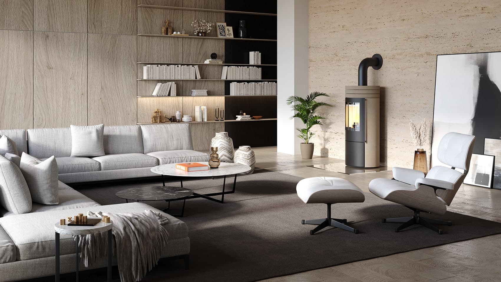 CB-tec Vaio IQ Top 3 Kaminofen – Wohnzimmer mit eleganter Einrichtung und Kamin.