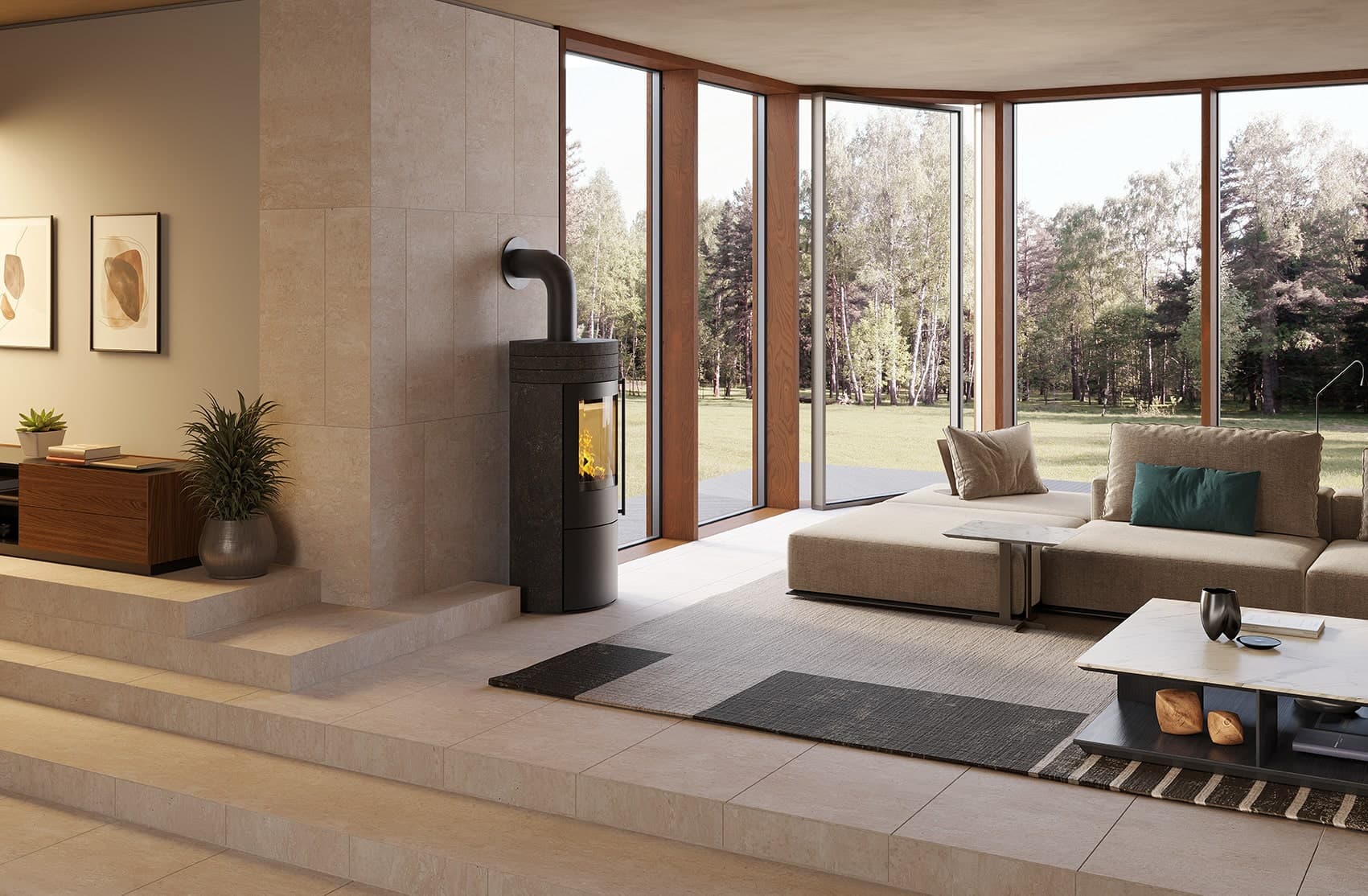 Modernes Wohnzimmer mit Panoramafenstern und Kamin.
