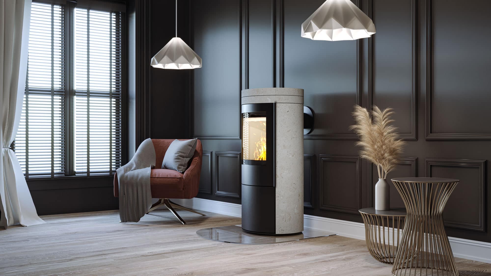 CB-tec Vaio IQ Top 2 Kaminofen – Wohnzimmer mit Kamin und eleganter Einrichtung.