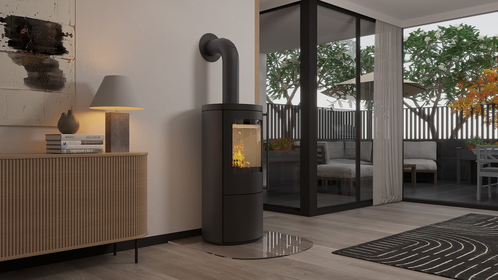 Modernes Wohnzimmer mit Kaminofen und Terrasse.