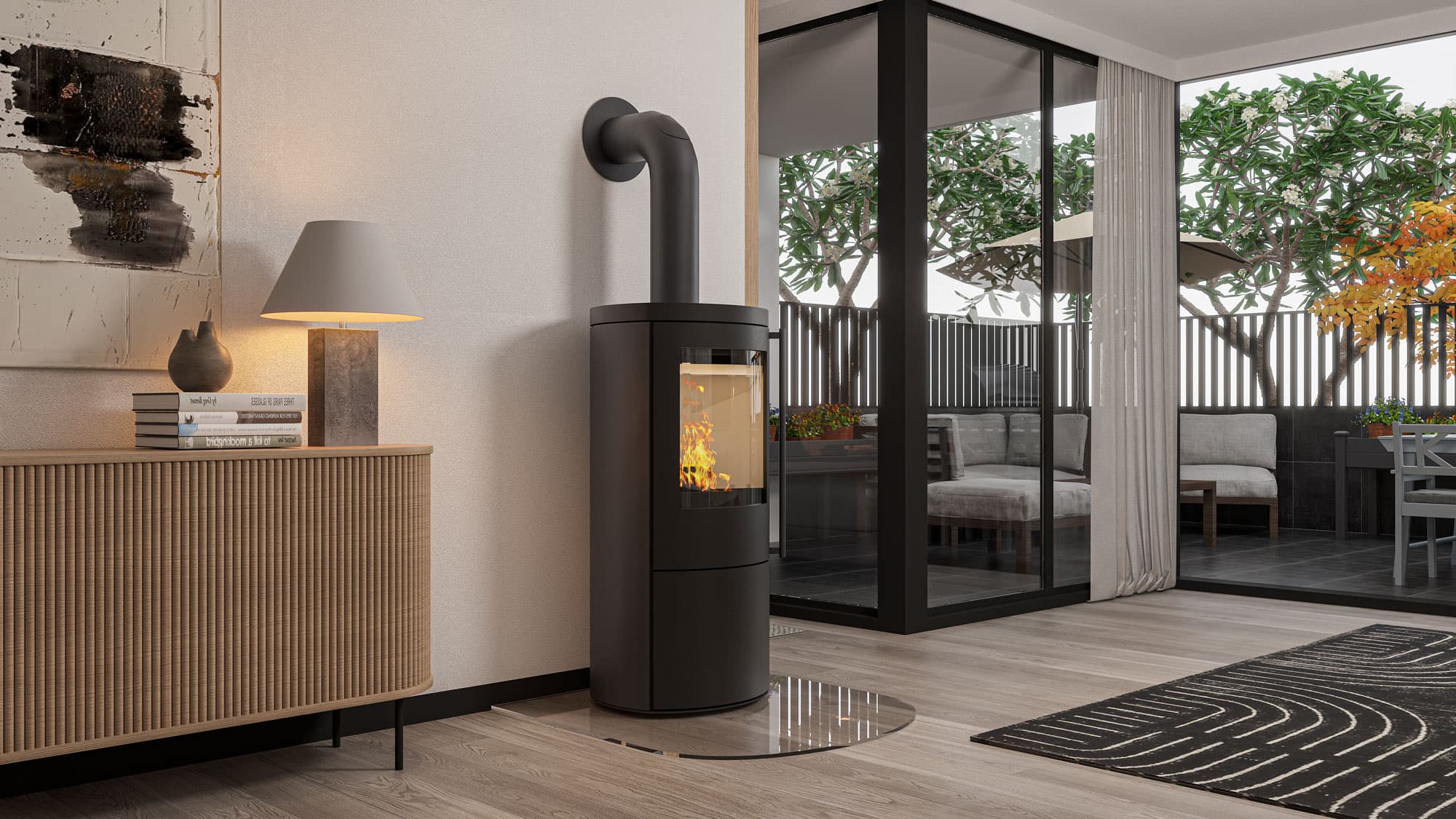 Modernes Wohnzimmer mit Kaminofen und Terrasse