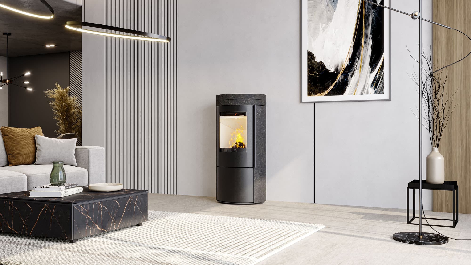 Modernes Wohnzimmer mit Kamin und eleganter Einrichtung.