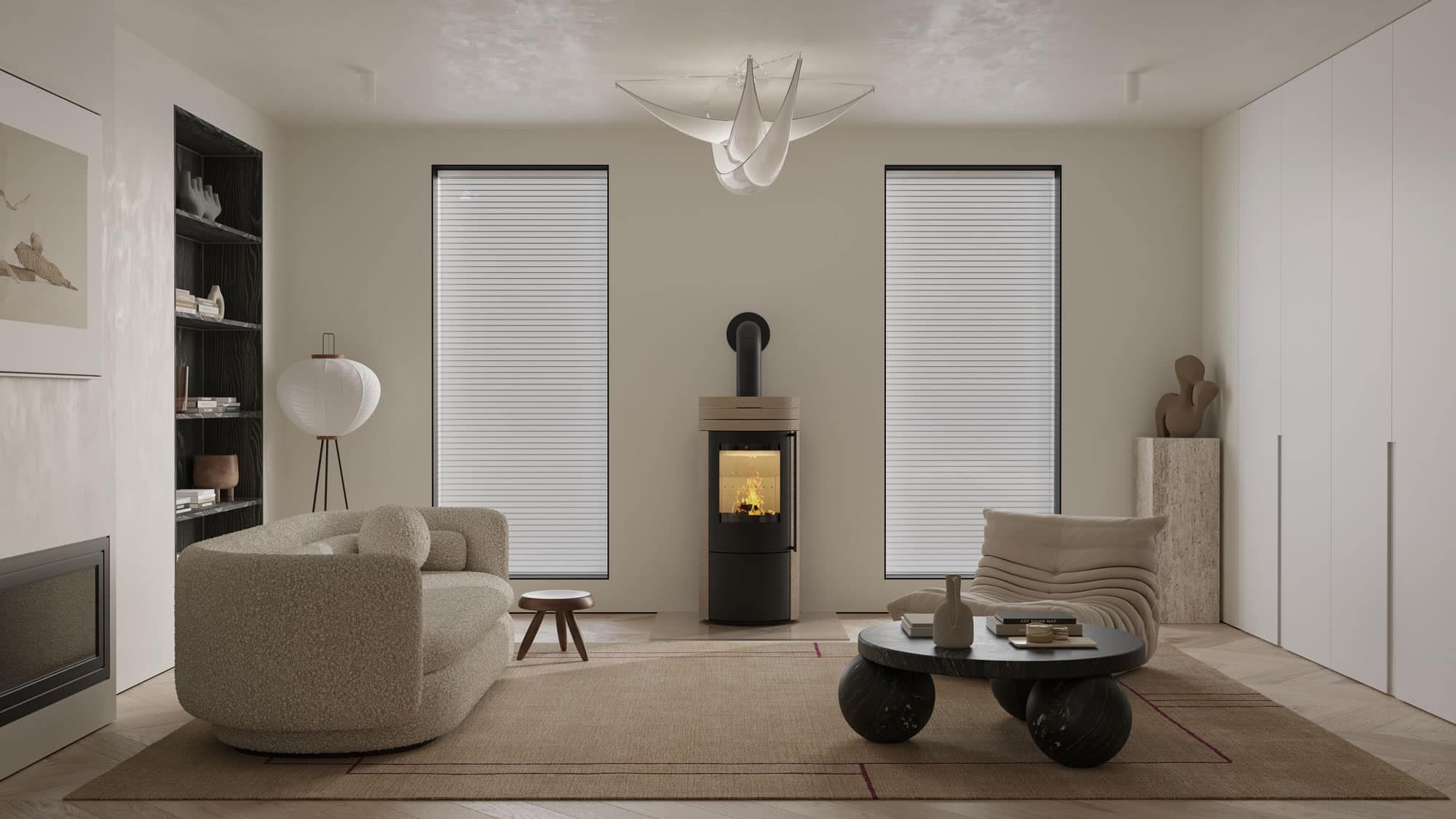 Modernes Wohnzimmer mit Kamin und Designerlampen.