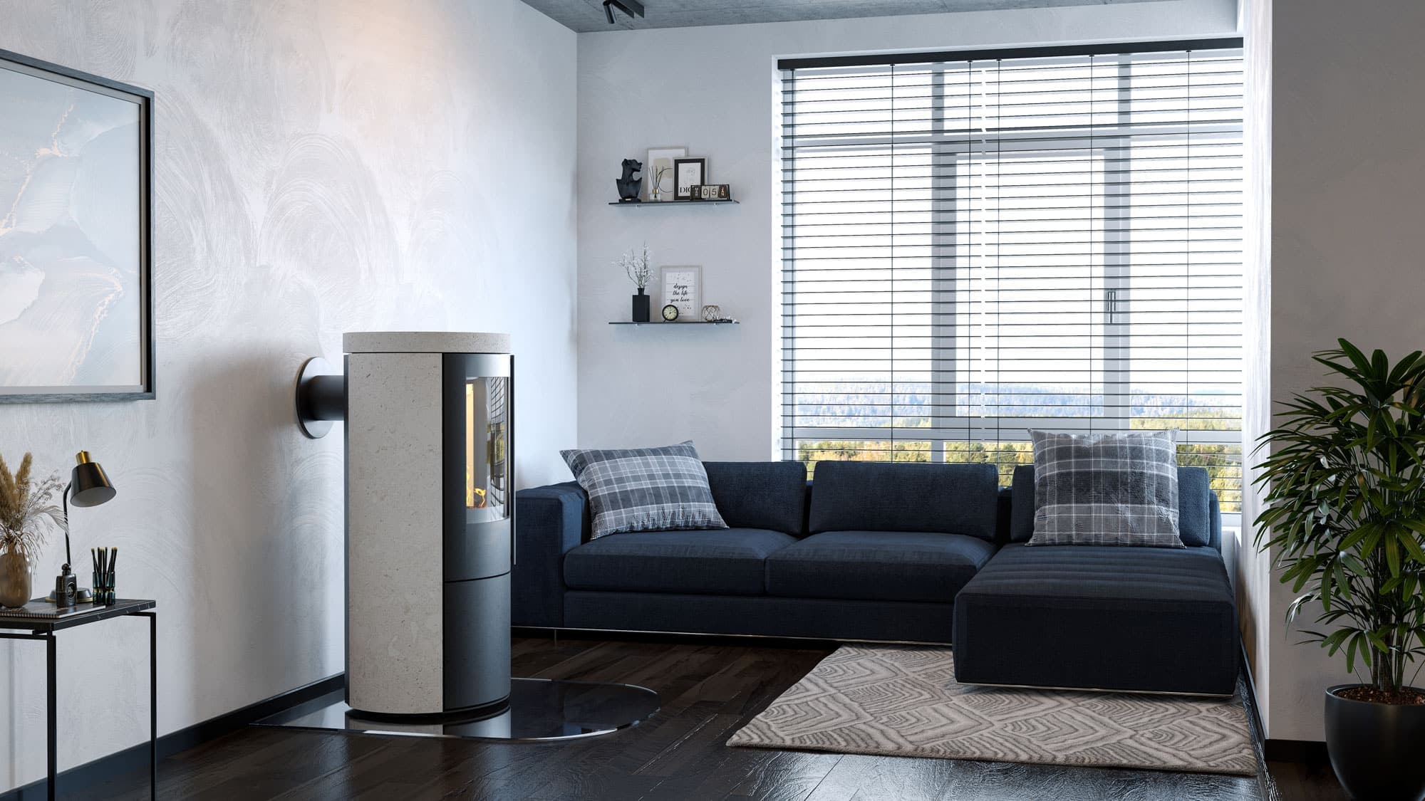 Modernes Wohnzimmer mit Kamin und Sofa