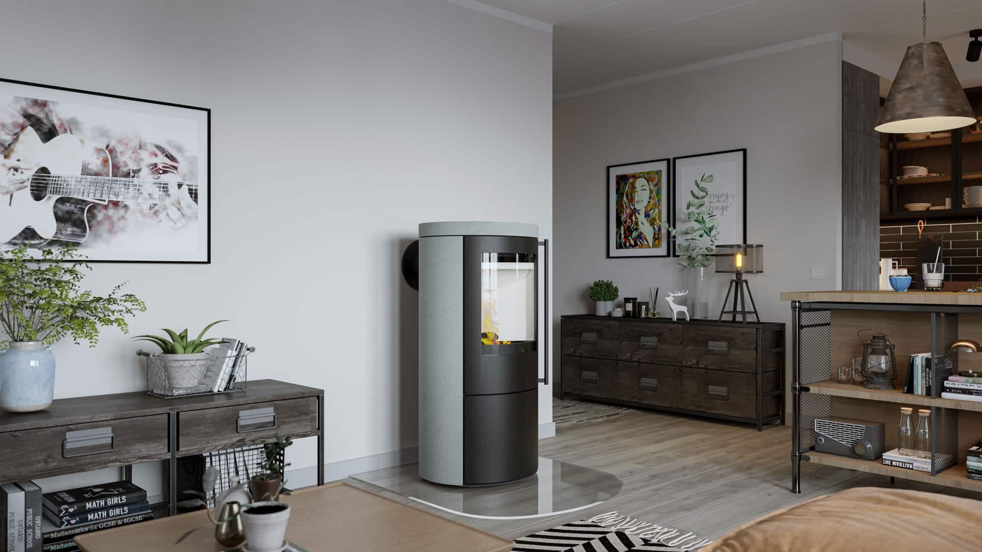 Modern eingerichtetes Wohnzimmer mit Kamin.