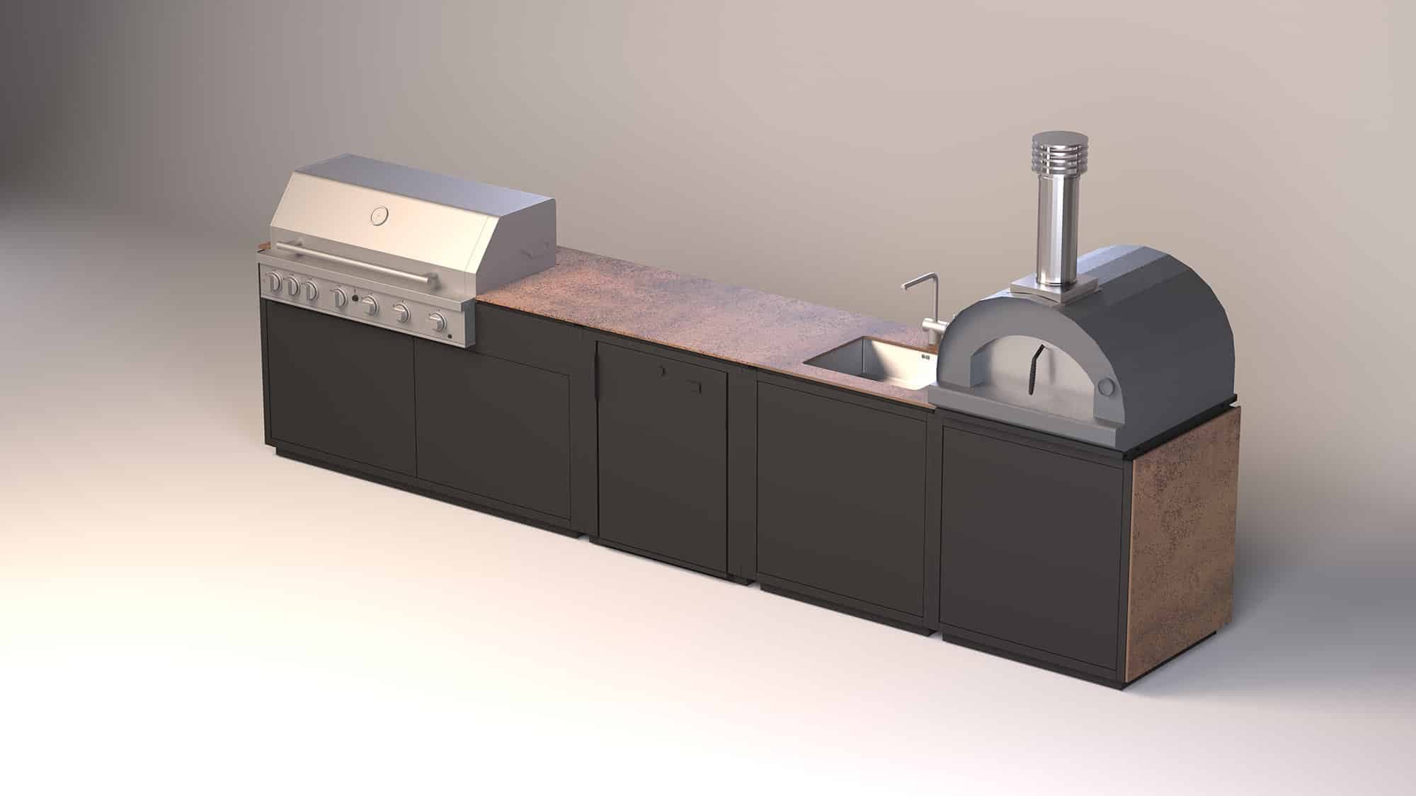 CB Outdoor Kitchen mit Beef Eater Gasgrill, Spülbecken, Stauraum und Pizzaofen - Keramik Iron Corten Italy