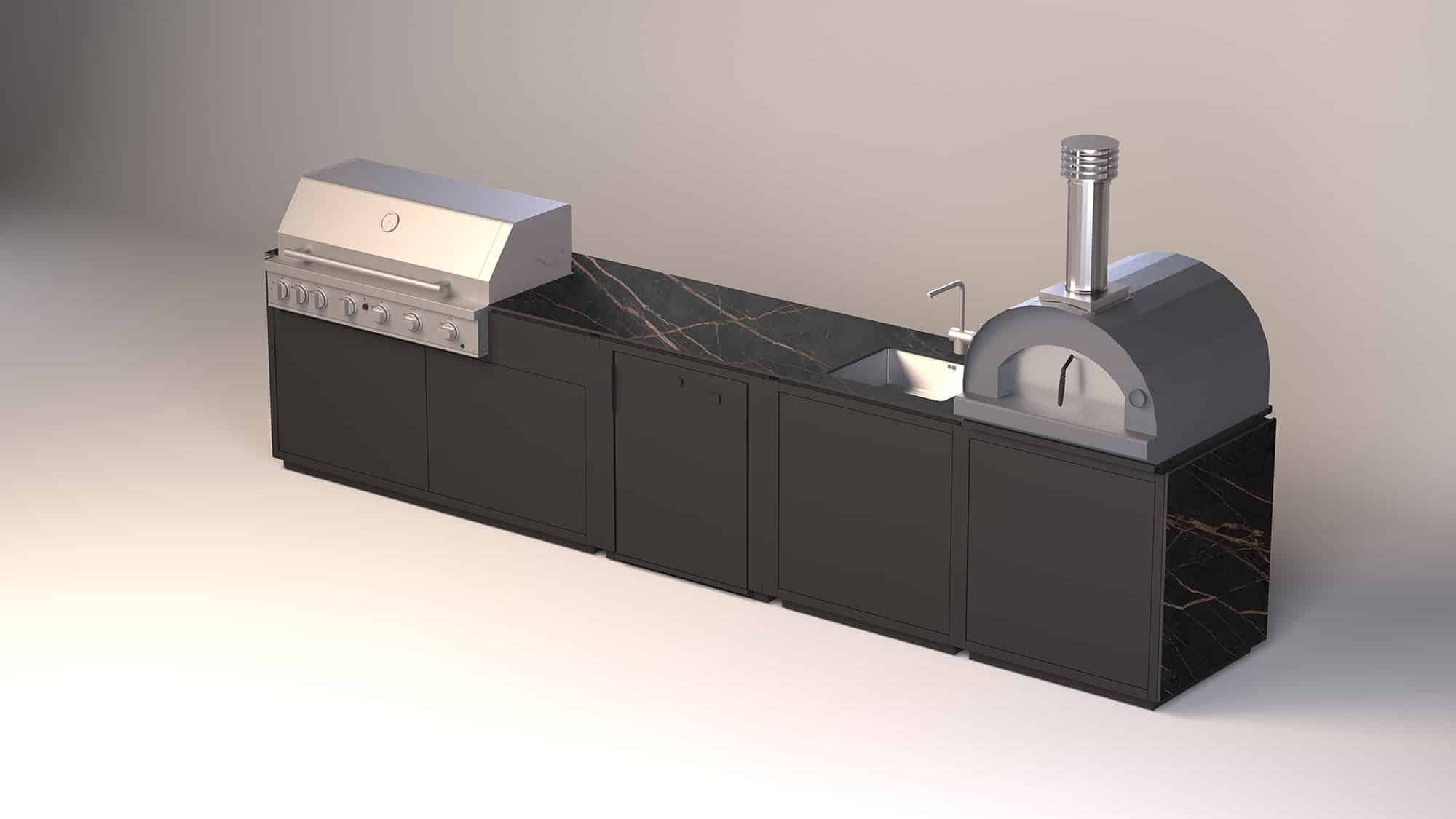 Außenküche mit integriertem Gaskaminofen, Grill und Arbeitsfläche mit Marmor-Optik