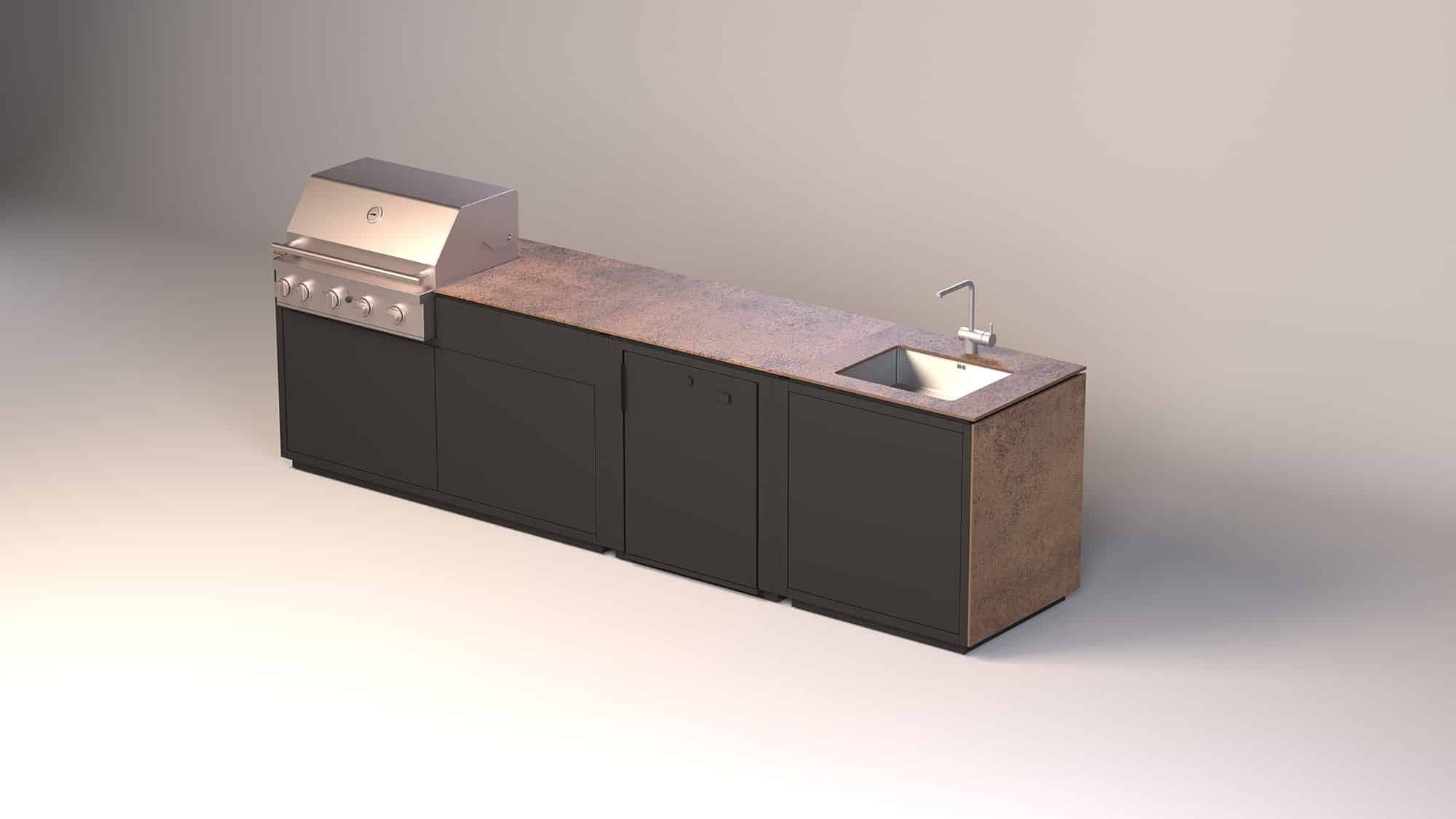 Moderne Außenküche mit schwarzen Unterschränken, Corten-Stahl-Arbeitsplatte und integriertem Gasgrill sowie Spüle