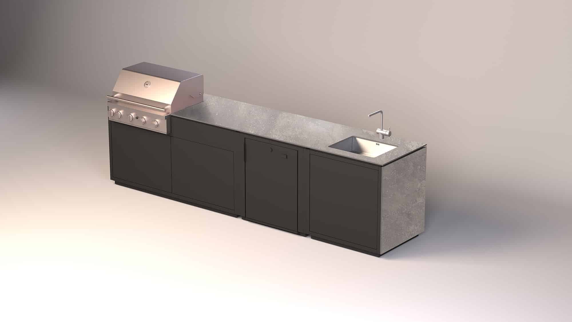 Moderne Outdoorküche mit schwarzen Schränken, grauer Arbeitsplatte, integriertem Gasgrill und Spülbereich