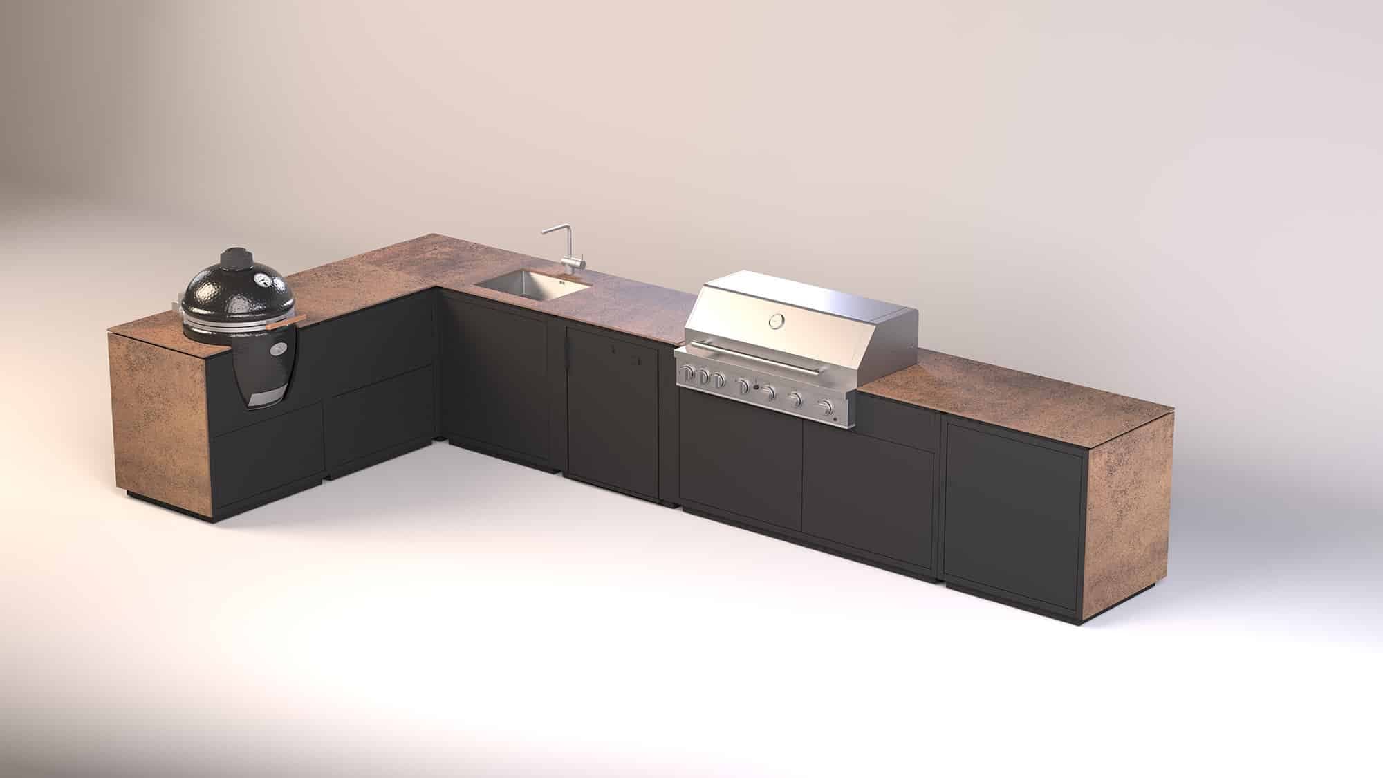 Modulare Outdoor-Küchenzeile mit schwarzen Schränken, Corten-Stahl-Arbeitsplatten, integriertem Gaskochmulde, Spüle und