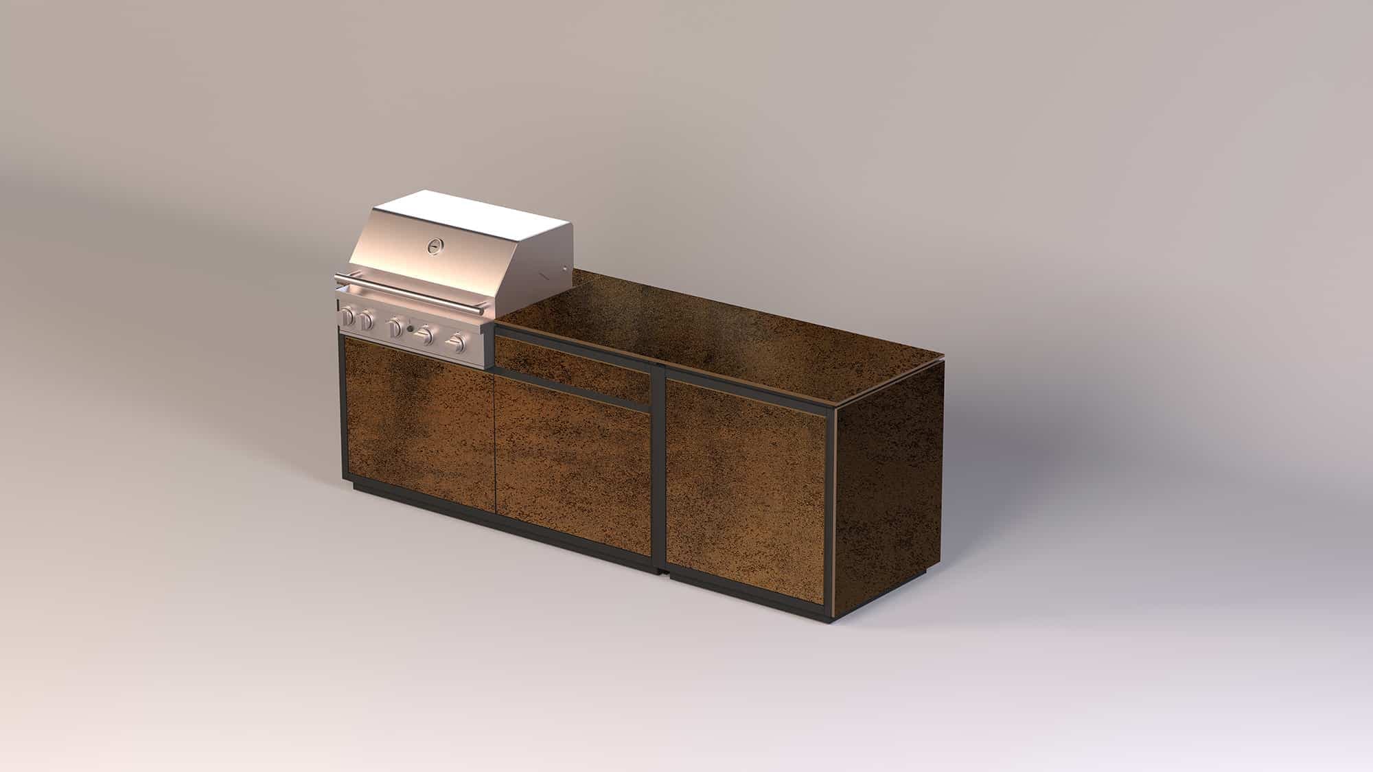 Outdoor-Küchenelement aus Corten-Stahl mit integriertem Grill und Edelstahl-Haube auf brauner Arbeitsplatte