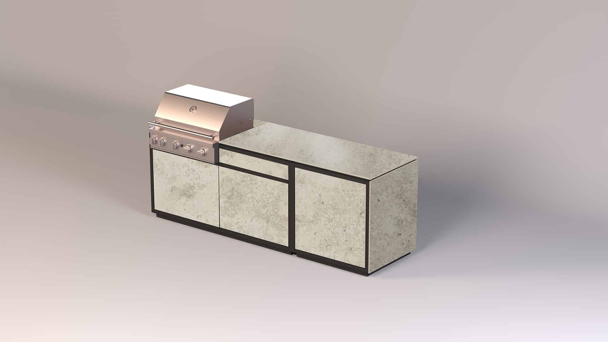 Gaskaminofen Kendo mit Edelstahlfront und Betonverkleidung, modernes Design mit schwarzem Stahlrahmen