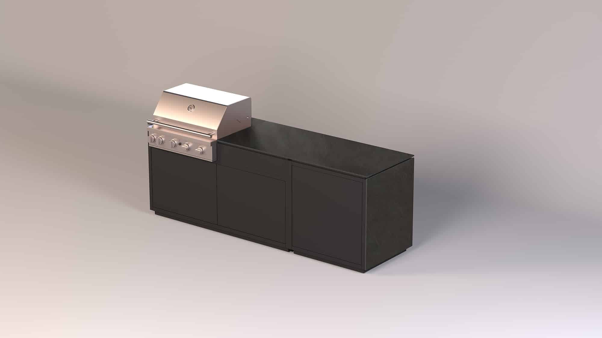 Modulare Outdoorküche mit schwarzem Unterschrank und integriertem Edelstahl-Grill mit weißer Haube