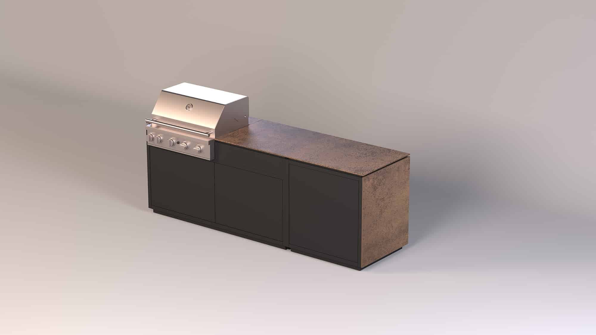 Gaskochmodul mit Edelstahlfront auf schwarzem Unterschrank mit Corten-Stahl-Arbeitsplatte
