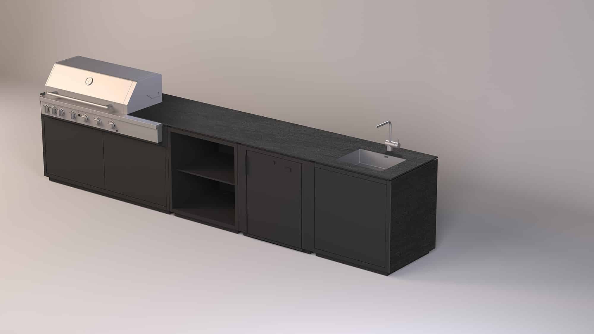 Modulare Außenküche mit Grill, Spüle und Arbeitsfläche aus schwarzem Material mit Edelstahl-Elementen