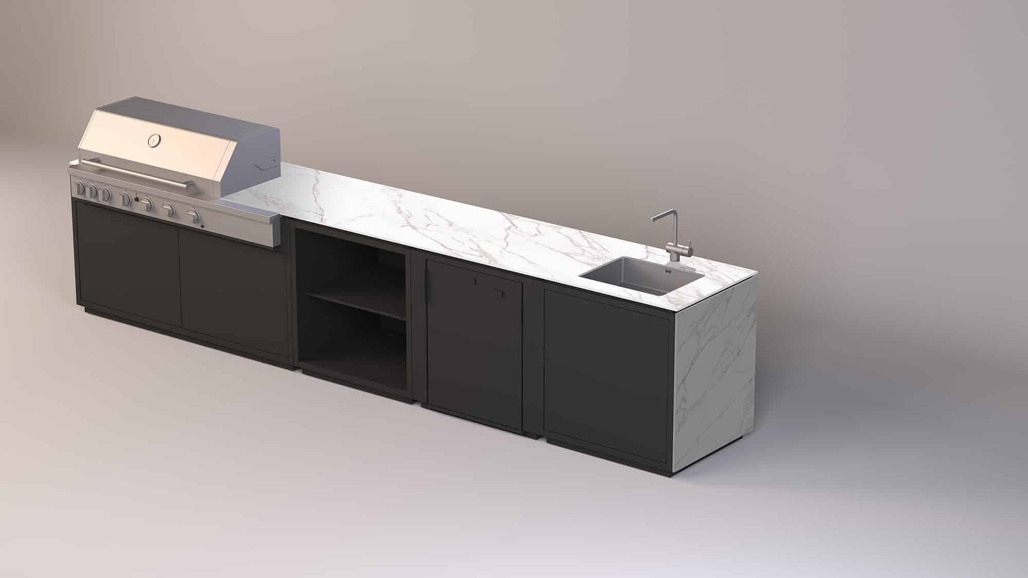 Moderne Outdoor-Küche mit schwarzen Unterschränken, Marmor-Arbeitsplatte in Calacatta-Optik, integriertem Grill, Spüle und