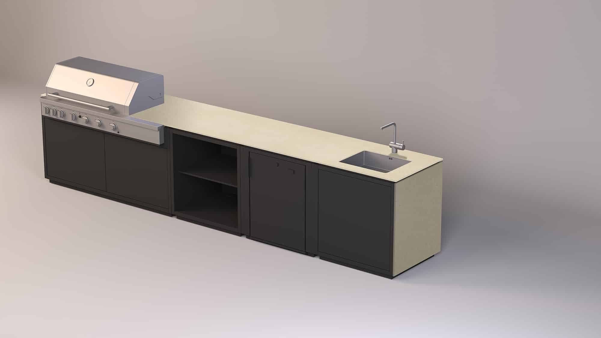 Modulare Outdoor-Küche mit Grillmodul, Spüle und Stauraum in Schwarz und Creme