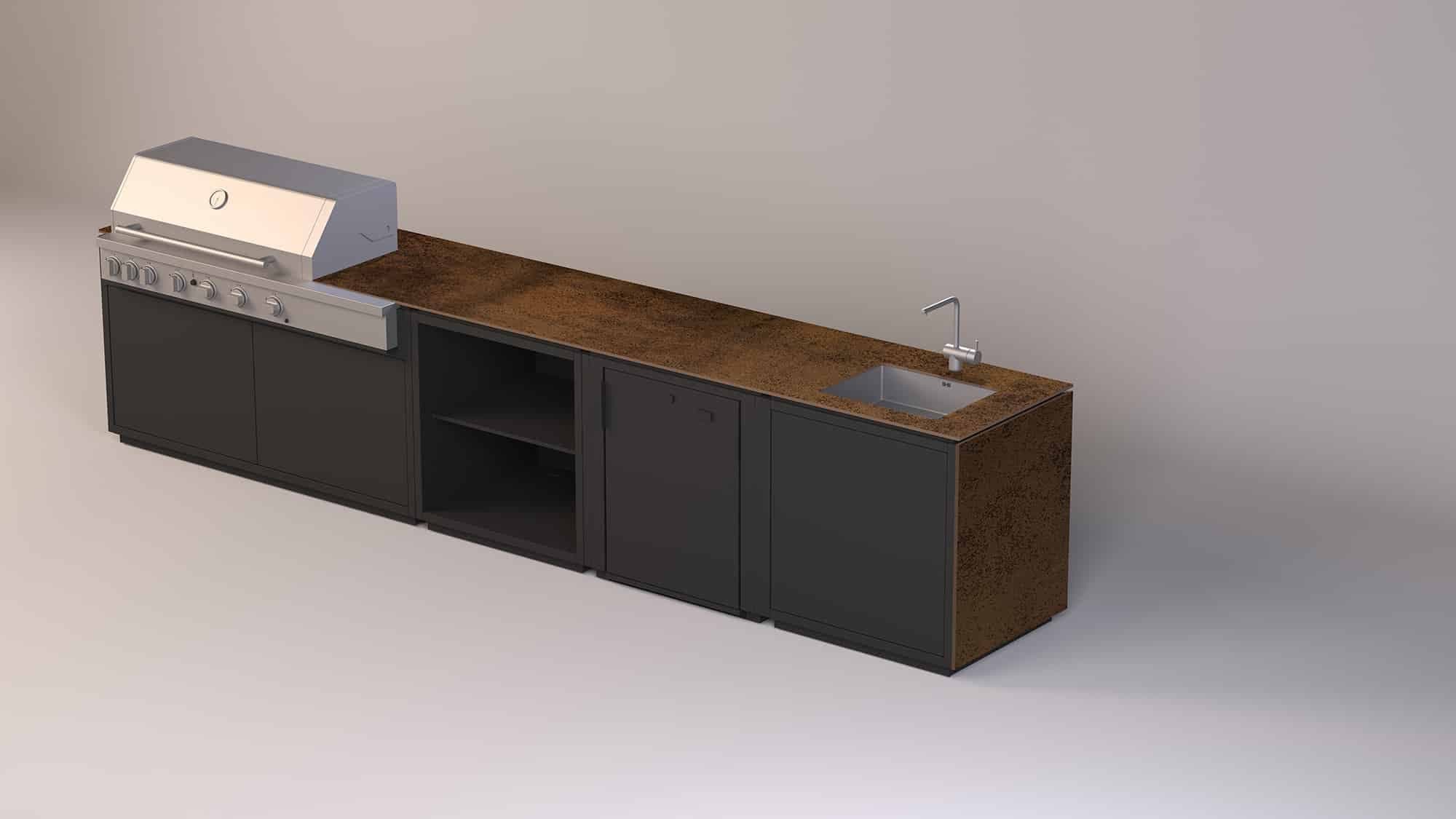 Modulare Outdoor-Küche mit Grillfläche, Arbeitsfläche aus Corten-Stahl und Spüle, schwarze Unterschränke
