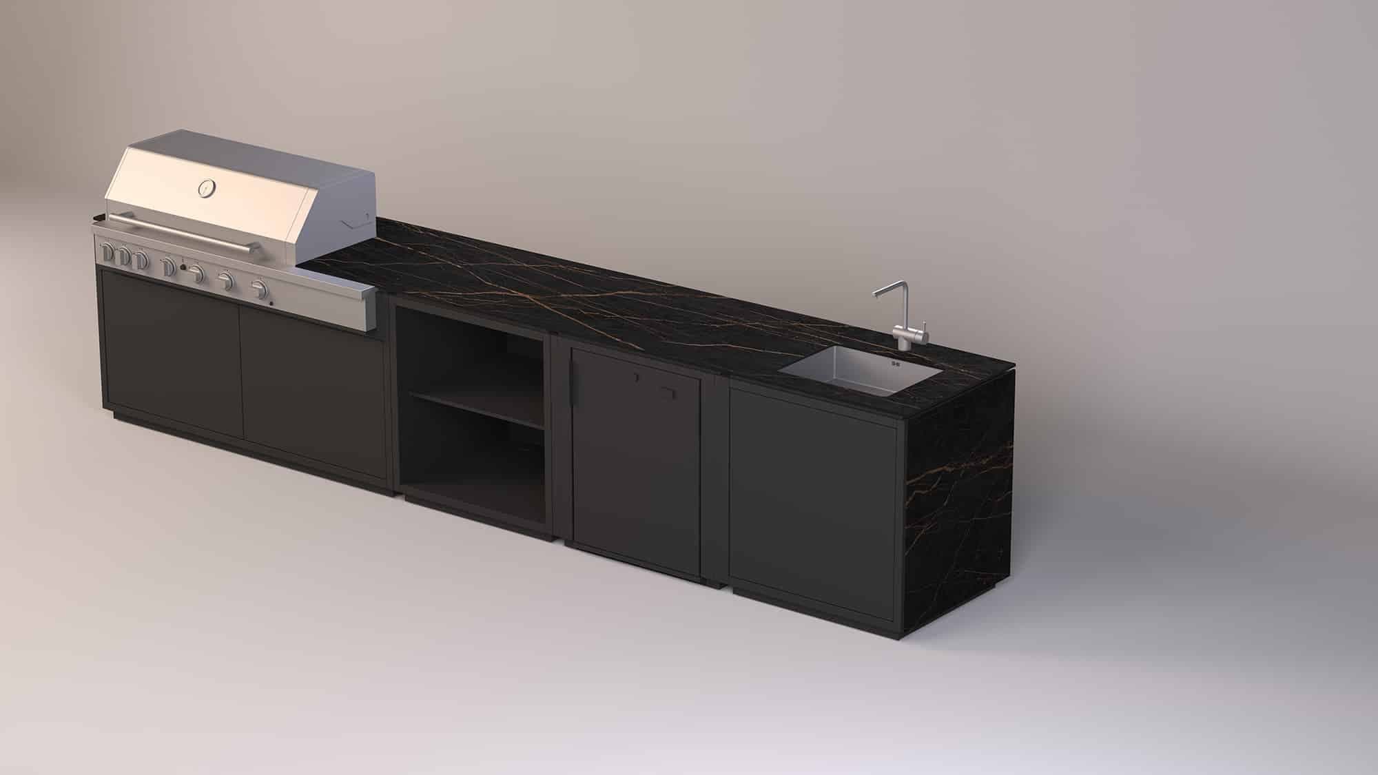 Modulare Outdoorküche mit schwarzer Marmoroptik-Arbeitsplatte, integriertem Grill, Spüle und Stauraum