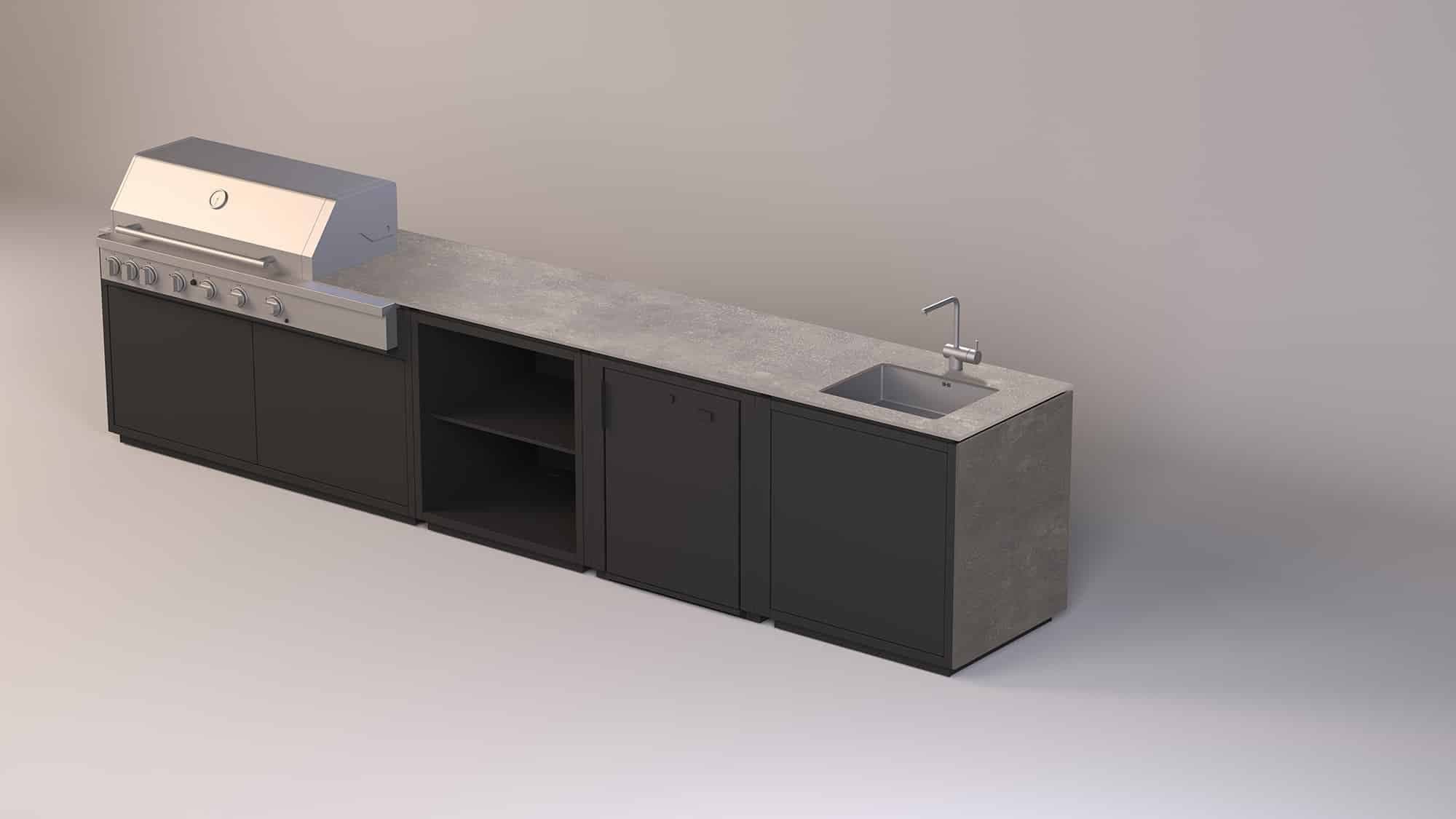 Modulare Outdoor-Küche mit schwarzen Schrankelementen, grauer Betonarbeitsplatte, integriertem Grill, Spüle und Wasserhahn