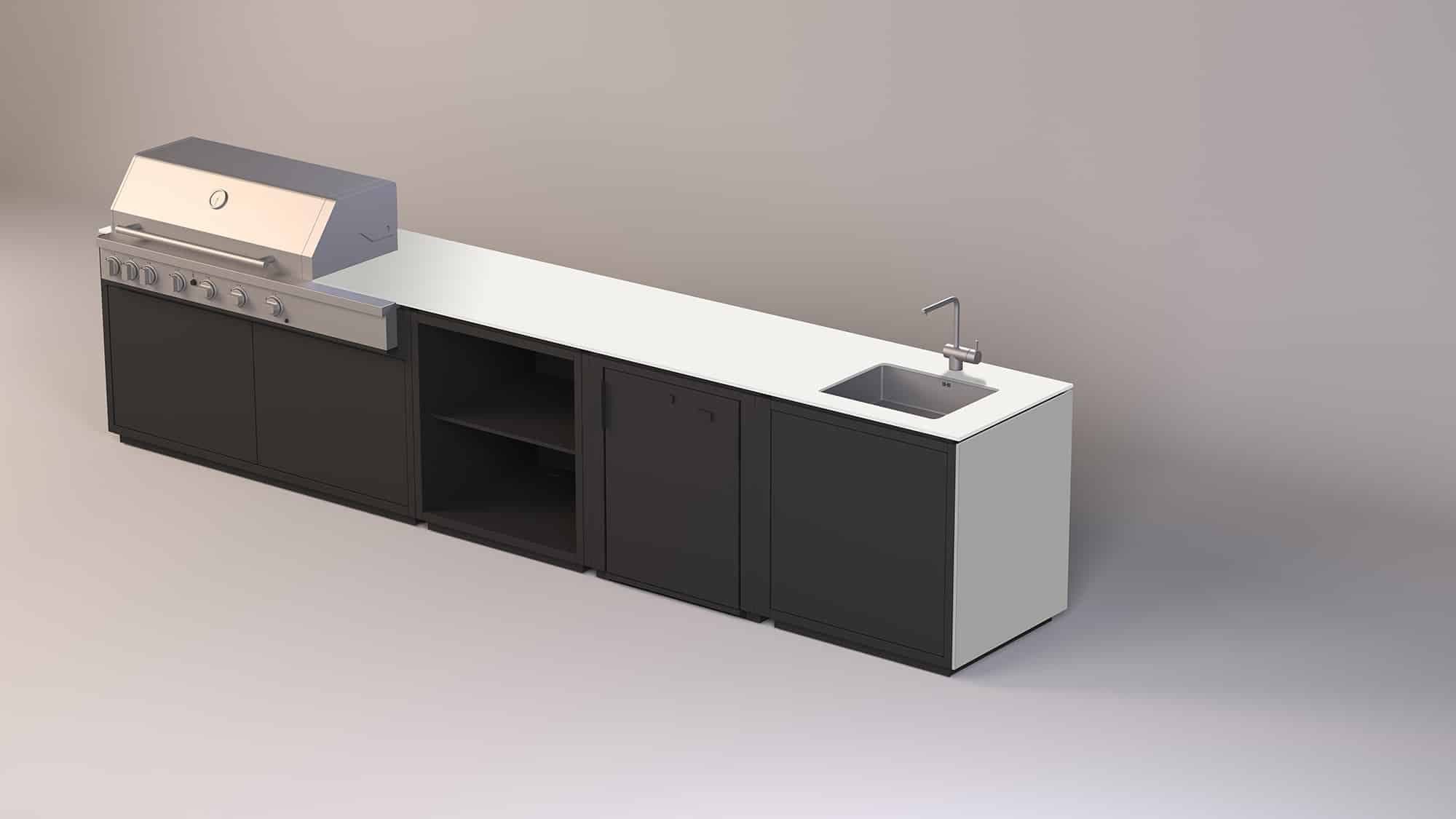 Outdoor-Küchensystem mit schwarzen Unterschränken, weißer Arbeitsplatte, integriertem Grill und Spülbereich