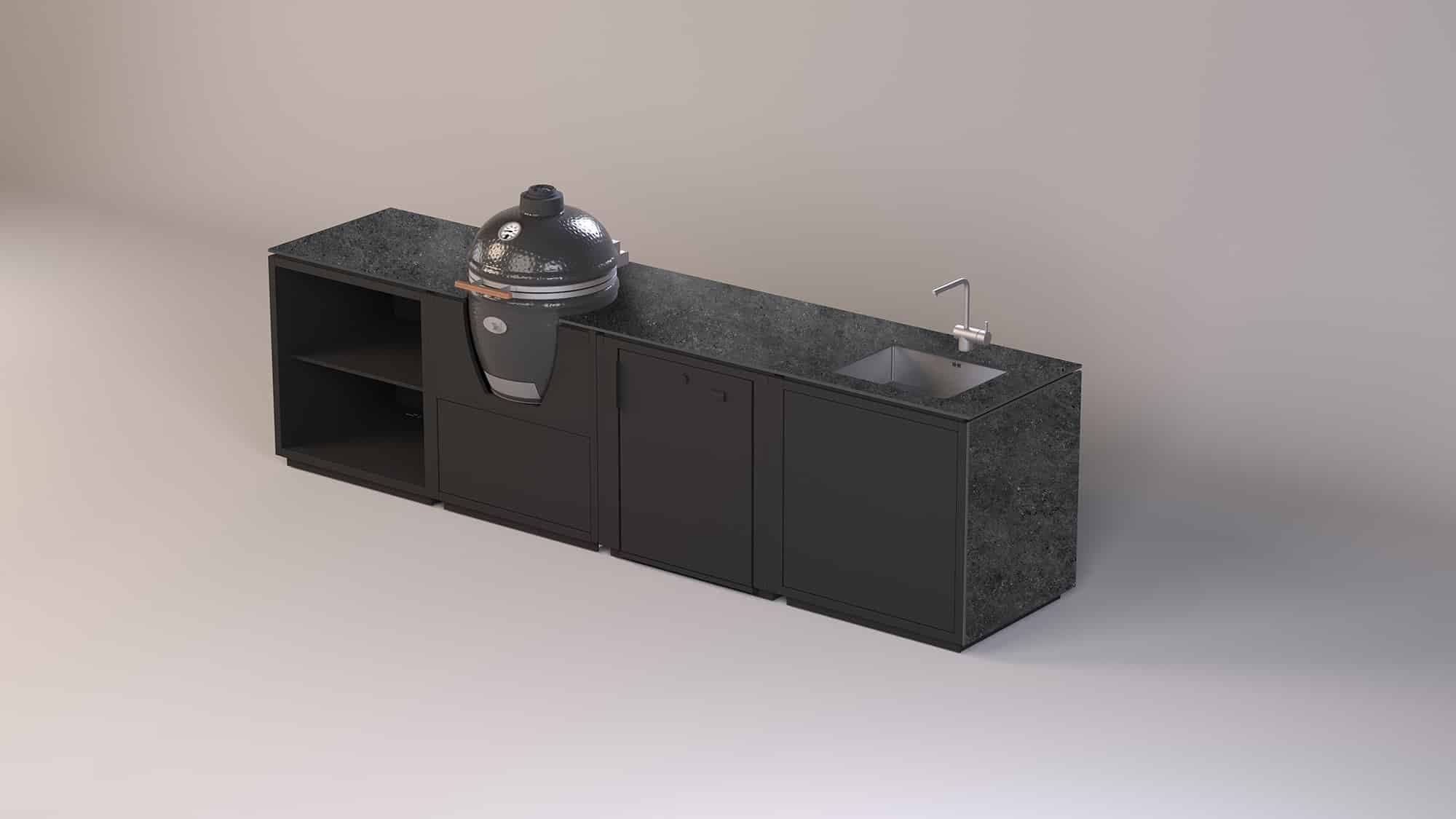 Modulare Outdoor-Küche mit schwarzem Grill, Arbeitsplatten in Granit-Optik und integriertem Spülbereich
