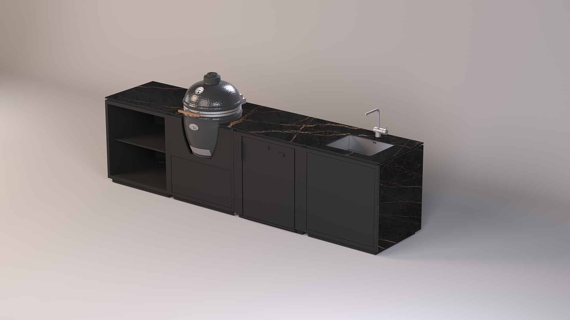 Moderne Outdoor-Küche mit schwarzer Marmorarbeitsplatte, integriertem Gaskoch-Kugelgrill, Spülbecken und Stauraum-Schränken