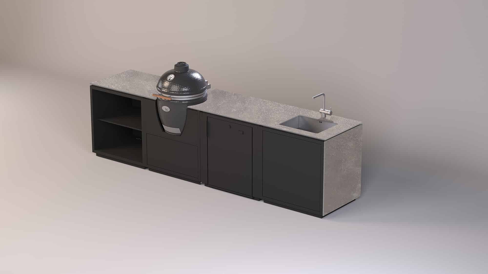 Modulare Outdoor-Küche mit schwarzem Kammergrill, Spüle und Stauraum, grauer Arbeitsplatte