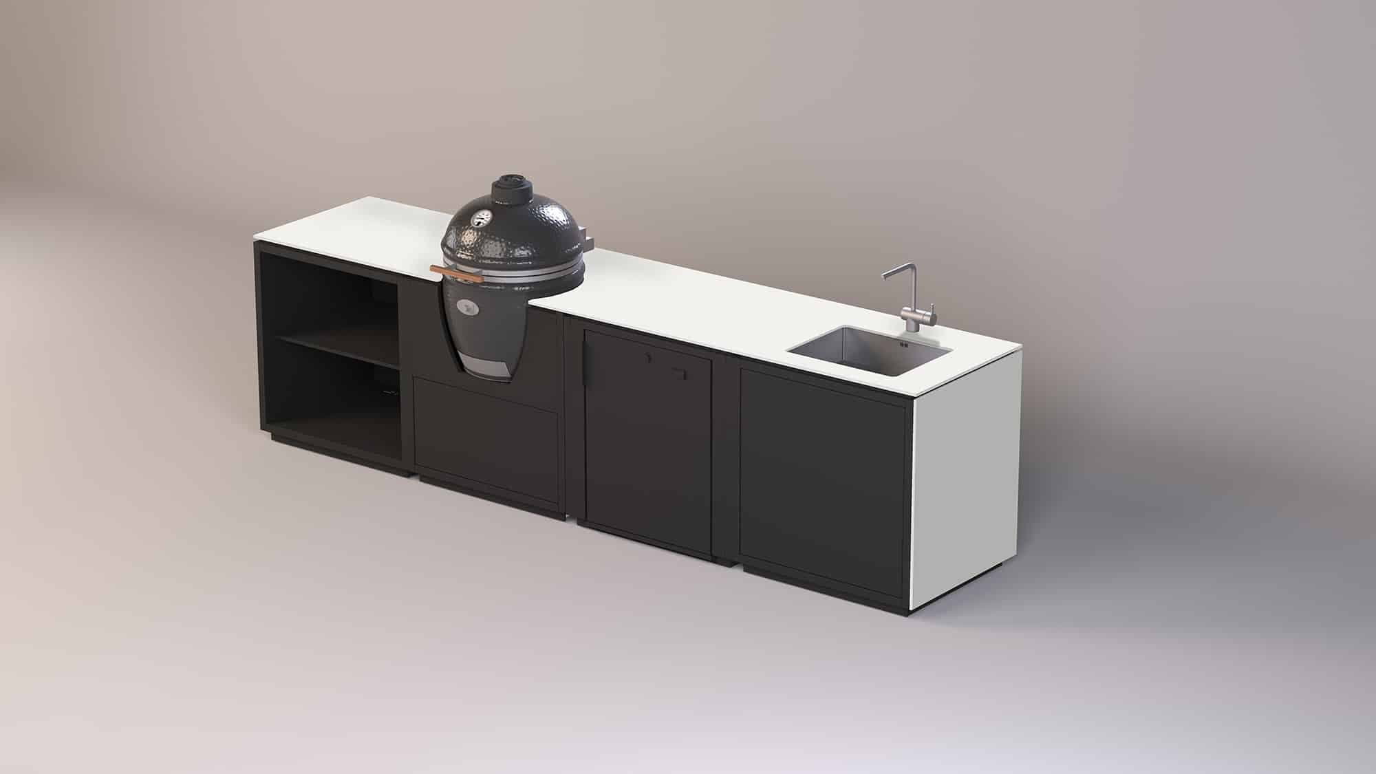 Outdoor-Küchensystem mit schwarzem Gaskamin, Arbeitsfläche mit weißer Oberfläche und integriertem Spülbecken