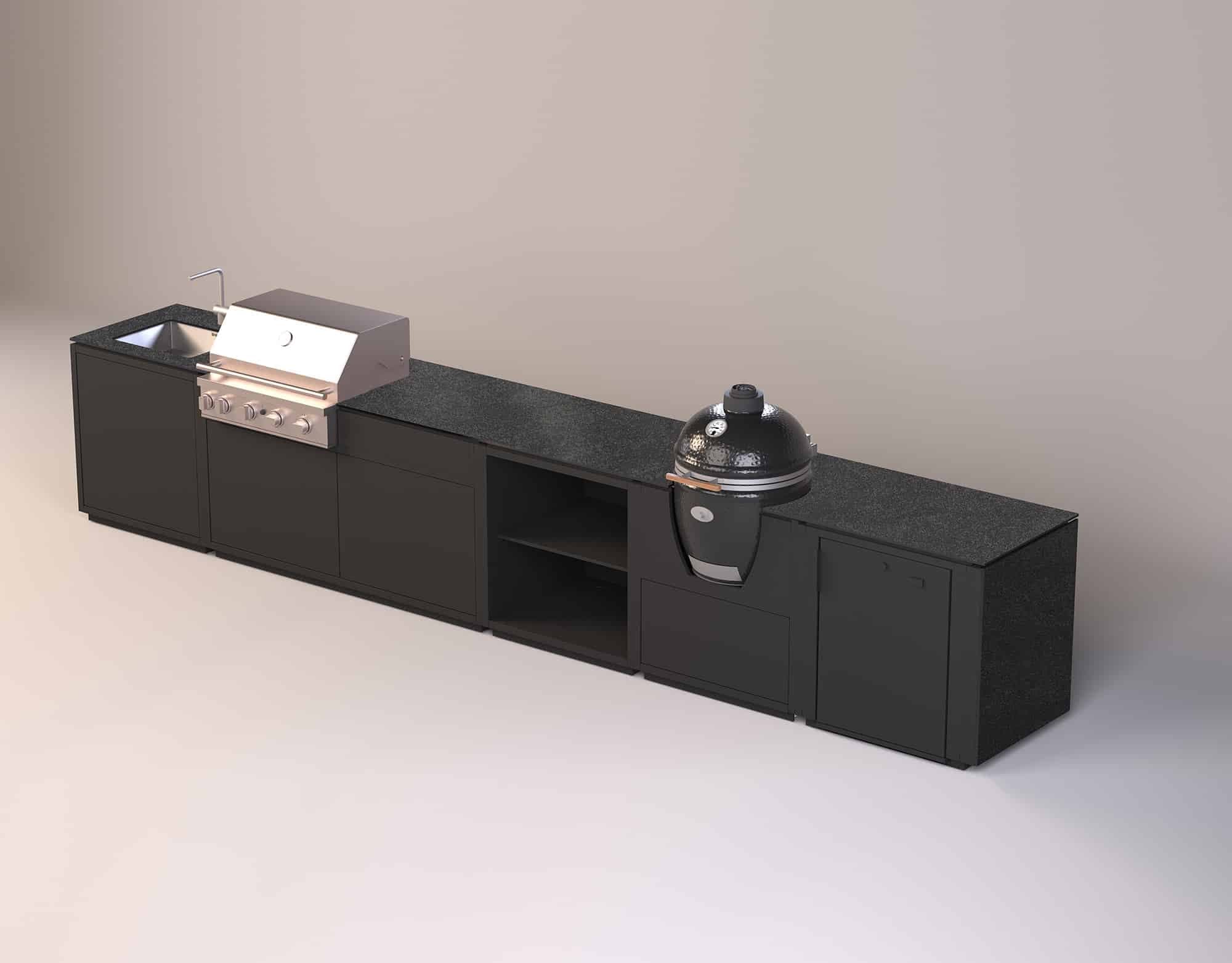 Modulare Outdoor-Küche mit schwarzem Grillofen, Gasgrill, Spüle und Arbeitsfläche aus Granit