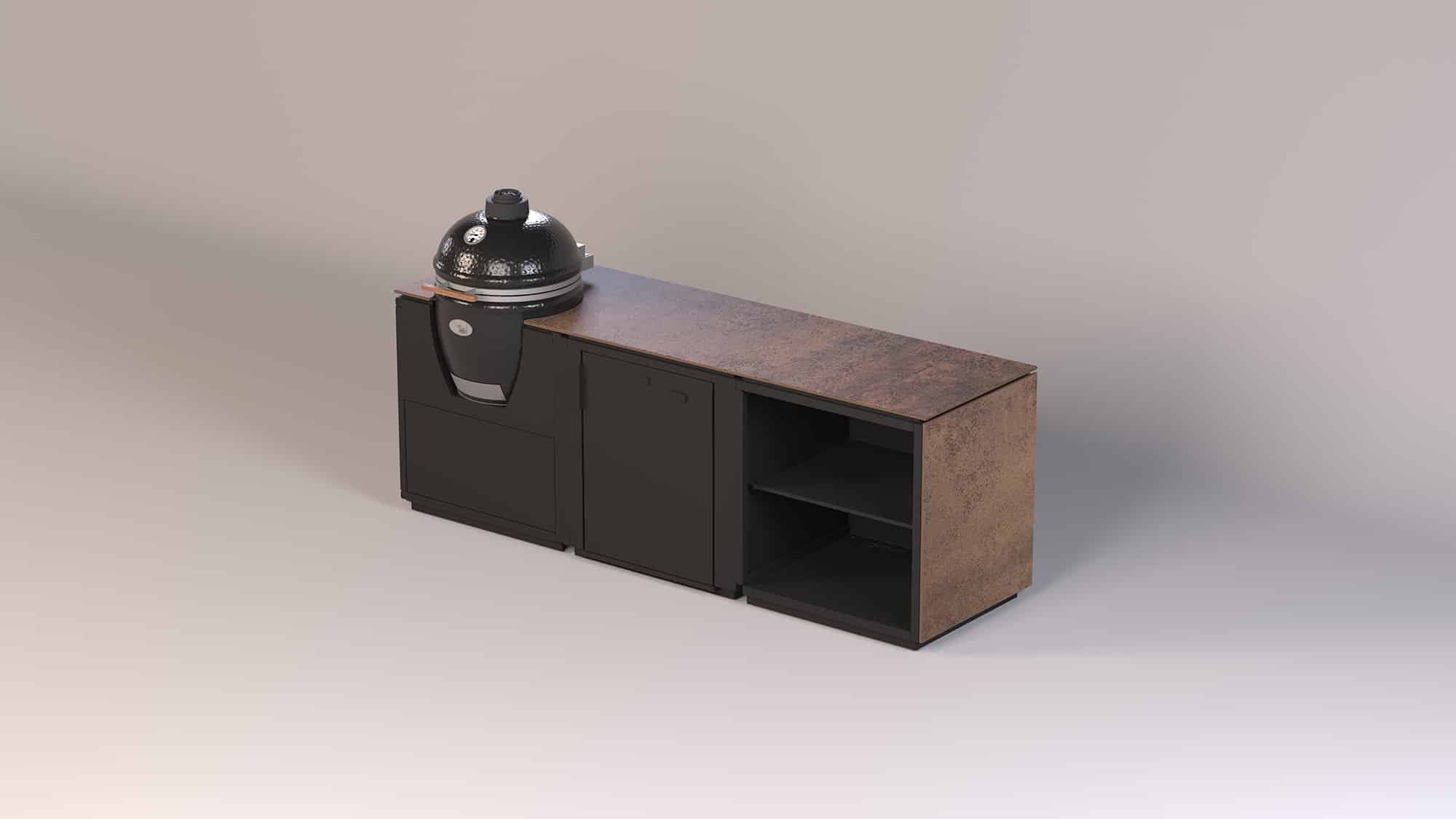 Gaskaminofen mit schwarzem Gehäuse und Corten-Stahl-Arbeitsplatte auf modularem Unterschrank mit Stauraum