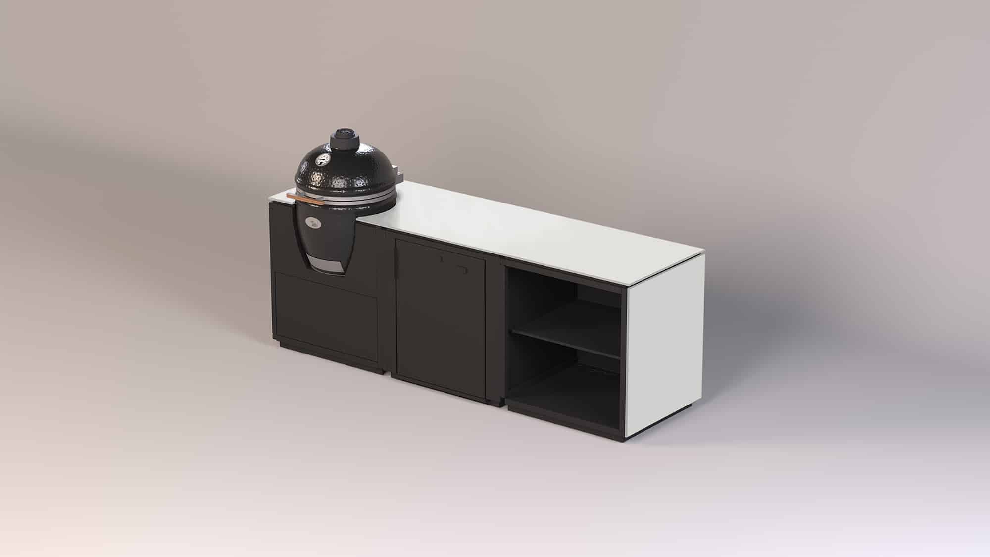 Modular aufgebaute Outdoor-Küche mit schwarzem Kugel-Grill, schwarzen Schränken und weißer Arbeitsplatte