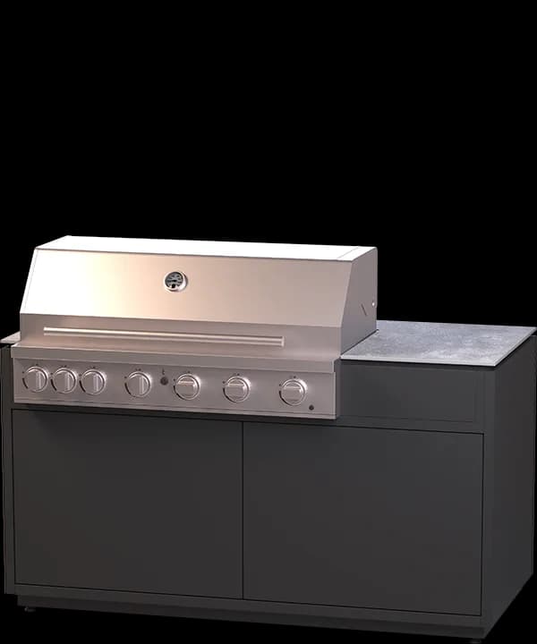 Gaskochmodul für Outdoor-Küche mit Edelstahlbrenner und schwarzem Unterschrank sowie grauer Arbeitsfläche