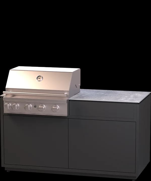 Gasgrill-Modul mit vier Brennern und Edelstahlfront auf schwarzer Unterschrankeinheit mit Arbeitsplatte