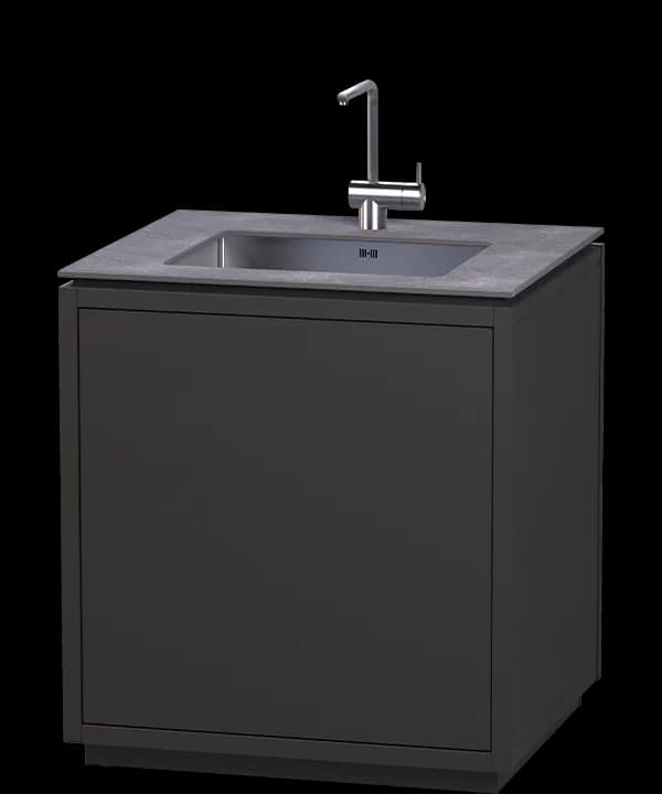 Outdoor-Spülbecken-Modul mit grauem Stein-Waschtisch, schwarzem Unterschrank und schwenkbarem Wasserhahn