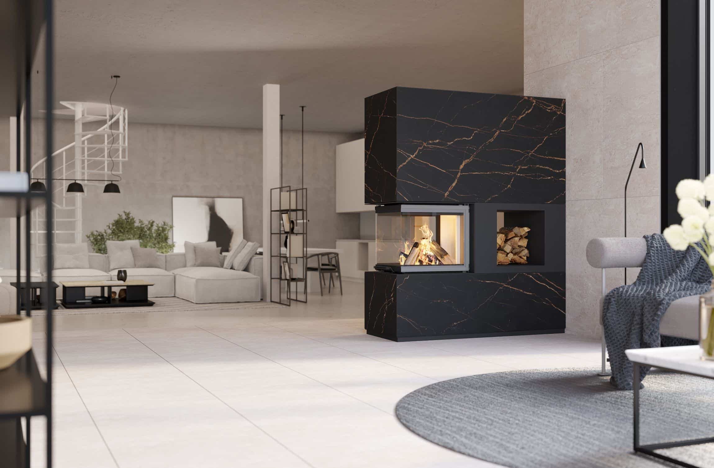 Neocube P45 Raumteiler in Keramik Laurent mit Holzfach, 3-seitigem Panoramaglas und wandbündigem Einbau im modernen