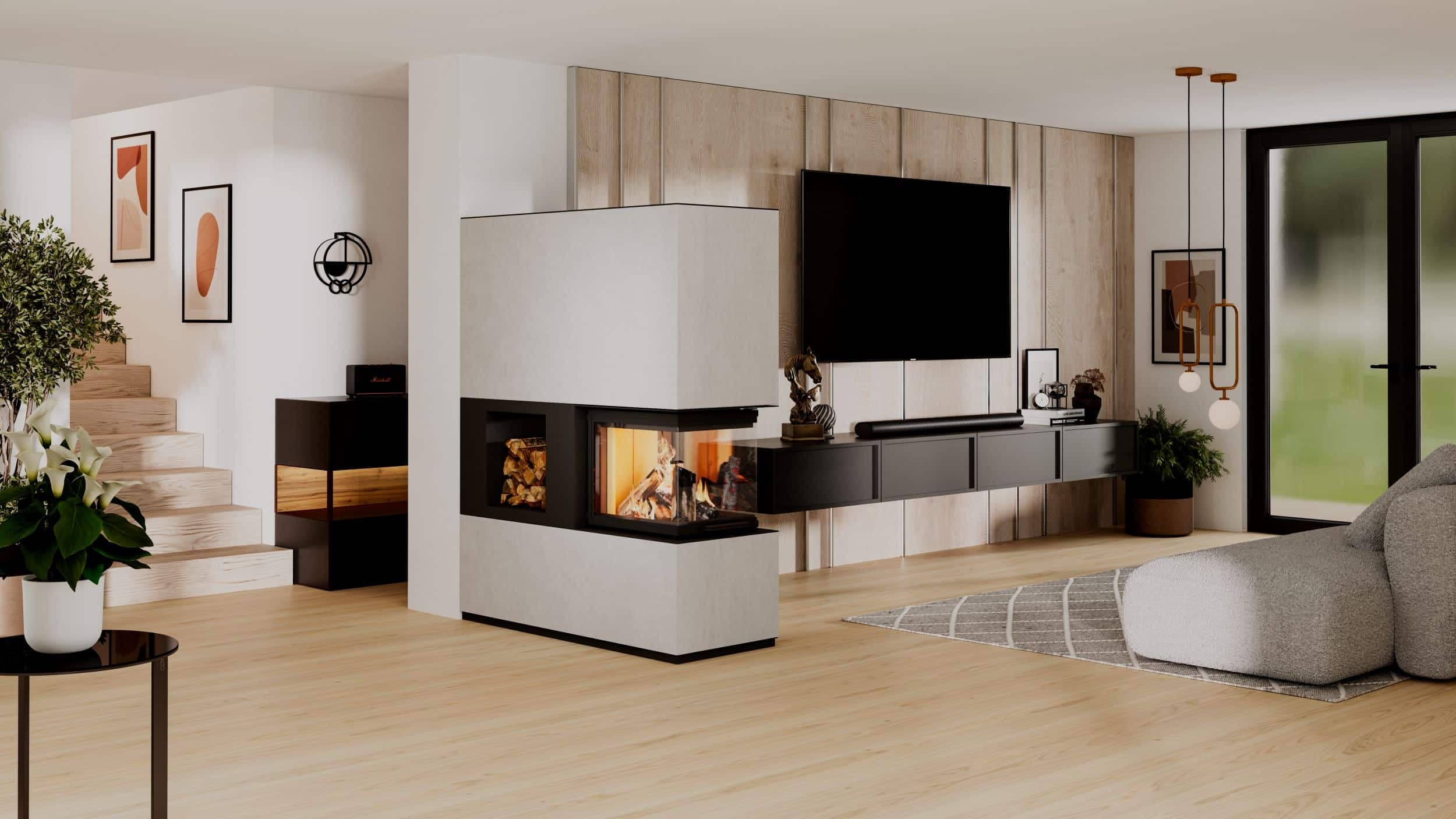 Neocube P45 Raumteiler mit Holzfach und 3-seitigem Panoramaglas, Keramikverkleidung in Luna, wandbündig eingebaut im offenen