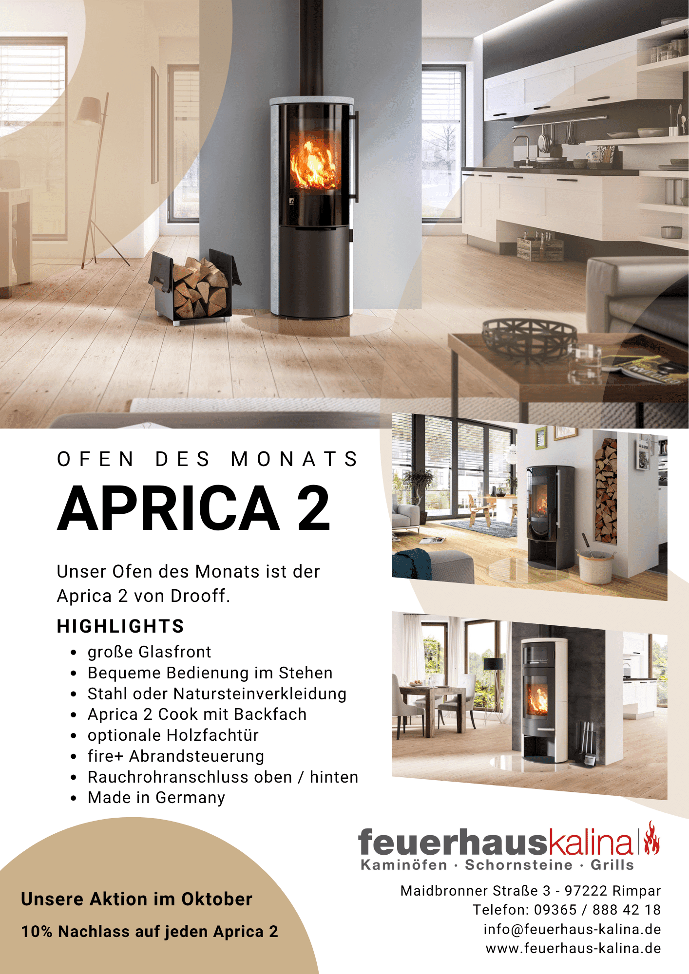 „Ofen des Monats Oktober: Kaminofen Drooff Aprica 2 mit großer Glasfront, Naturstein- oder Stahlverkleidung, fire+ Abbrandsteuerung – Aktion bei Feuerhaus Kalina in