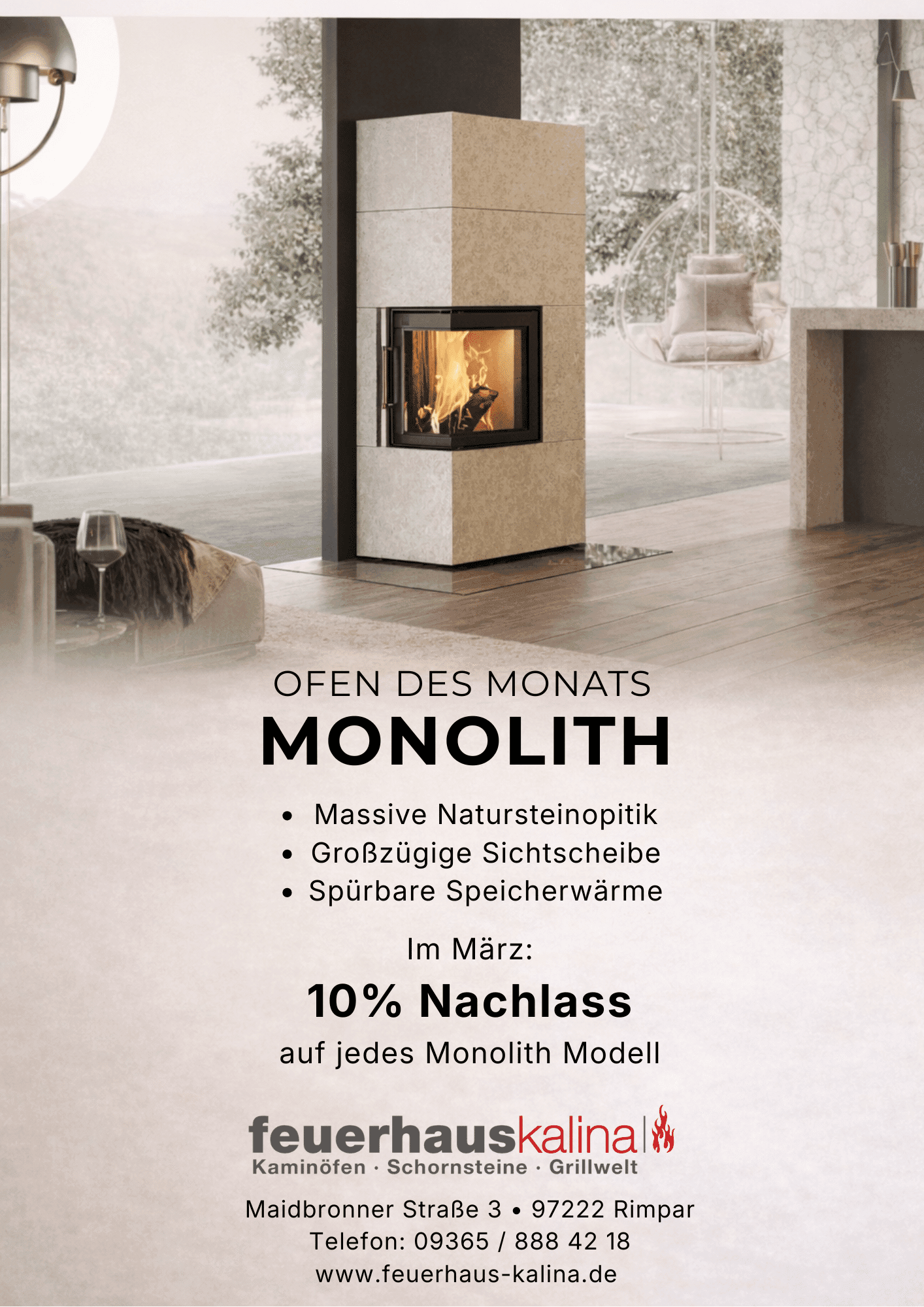 Ofen des Monats März: Monolith Kaminofen mit massiver Natursteinoptik und großer Sichtscheibe – 10 % Rabatt bei Feuerhaus Kalina in Rimpar bei