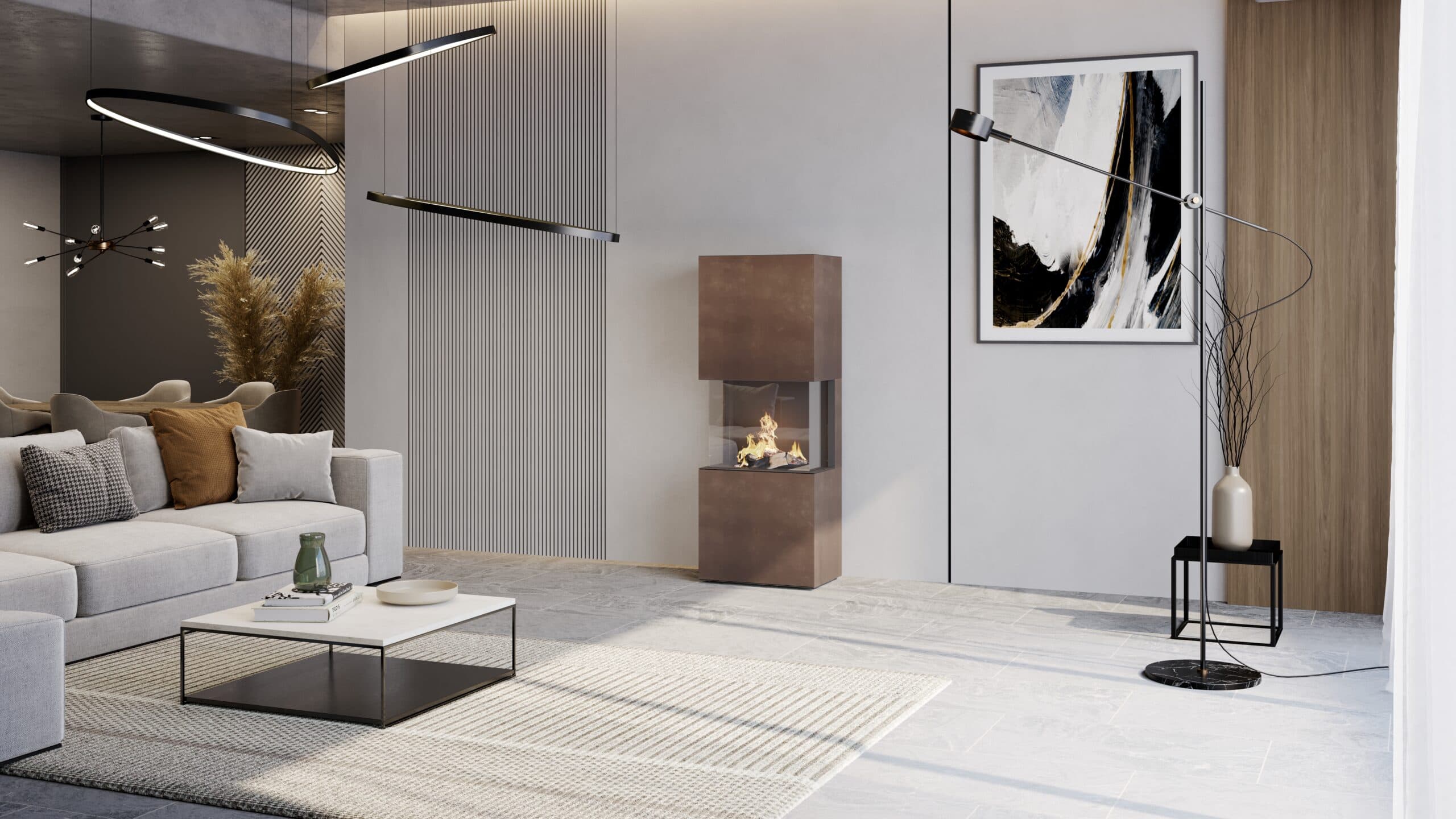 CB-tec Ethanol-Kaminofen in warmer Steinoptik als freistehender Designkamin im Wohnzimmer