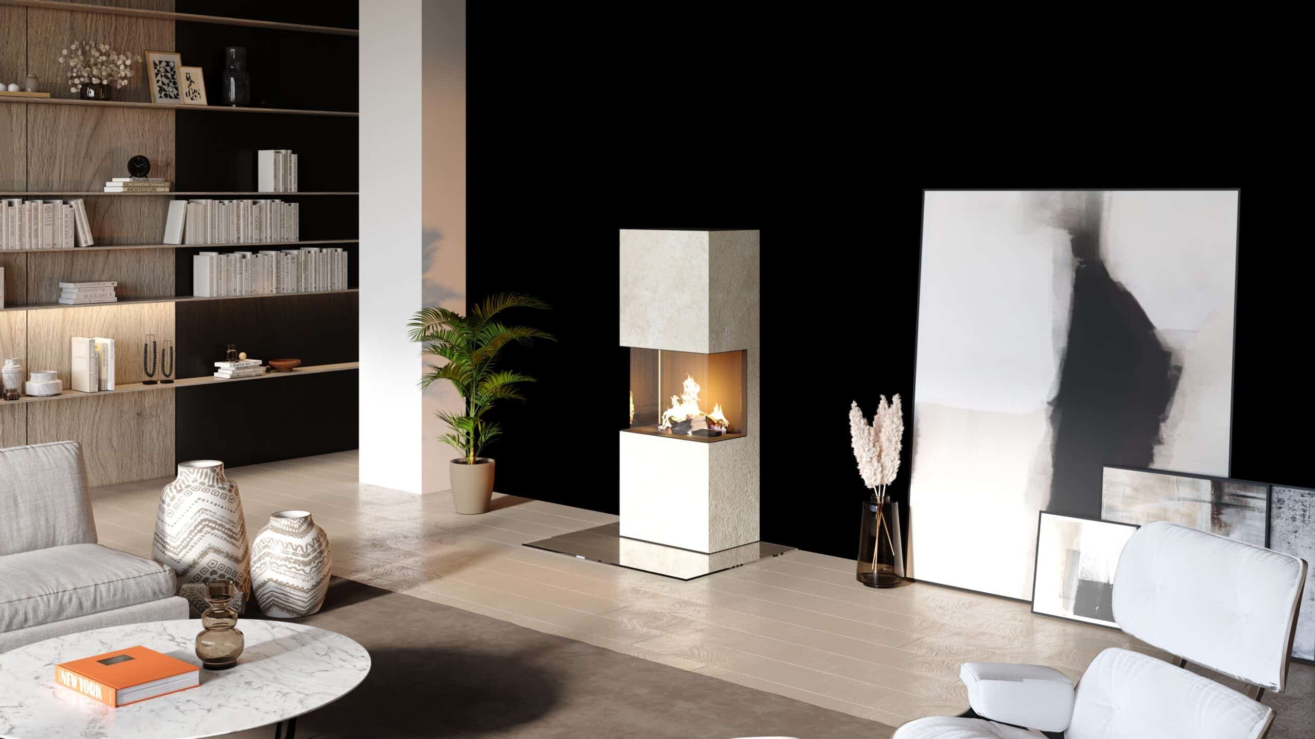 CB-tec Ethanol-Kaminofen mit heller Keramik in elegantem Wohnraum ohne Schornstein